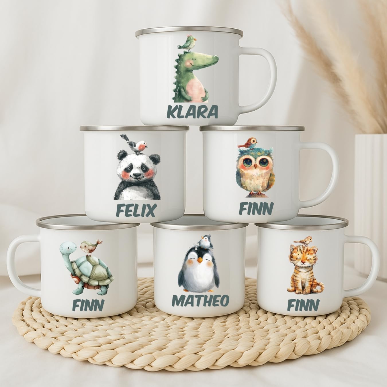 Emaille Tasse mit bunten Tieren und Namen – Kindertasse personalisiert