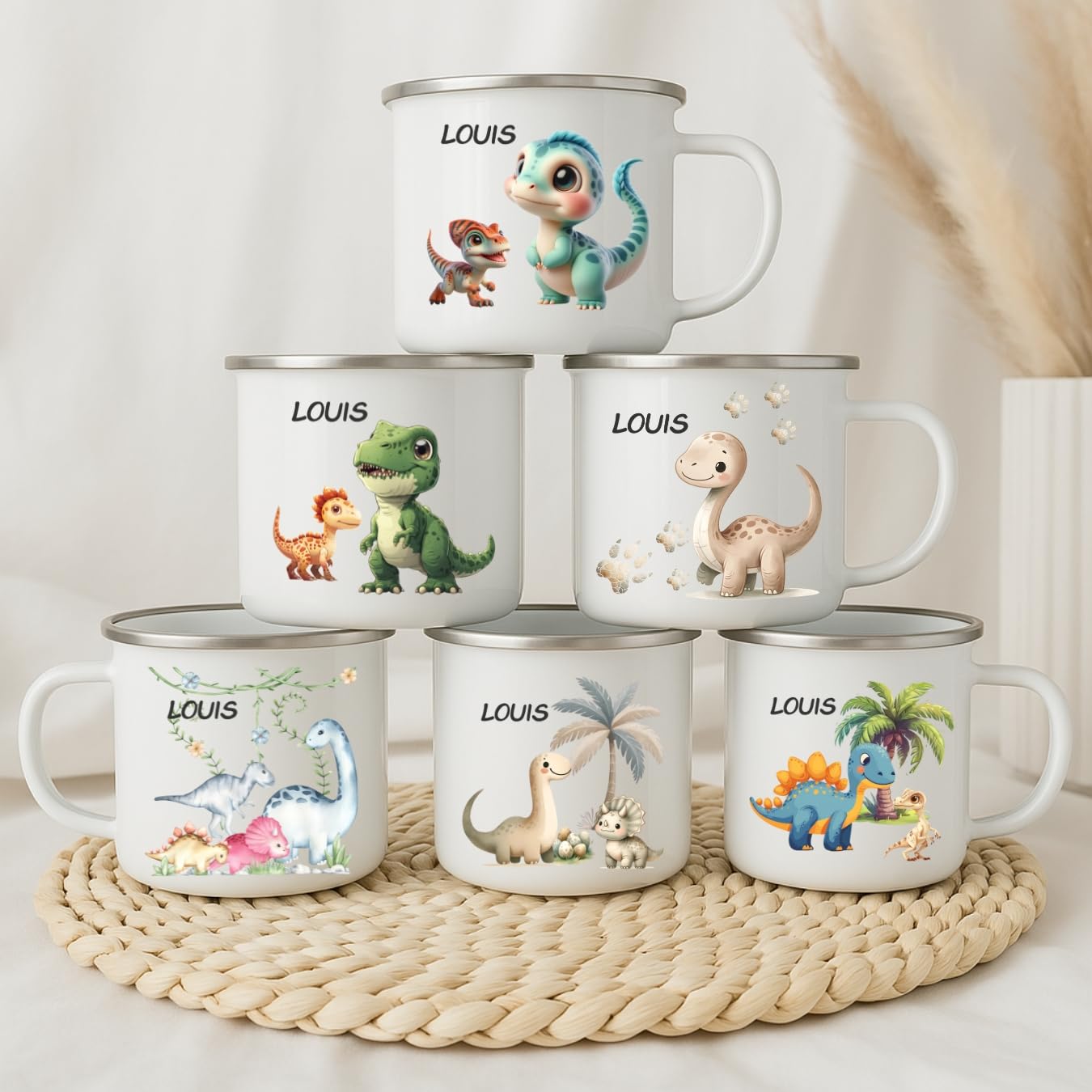 Dino Emaille Tasse personalisiert – Kindertasse mit Namen