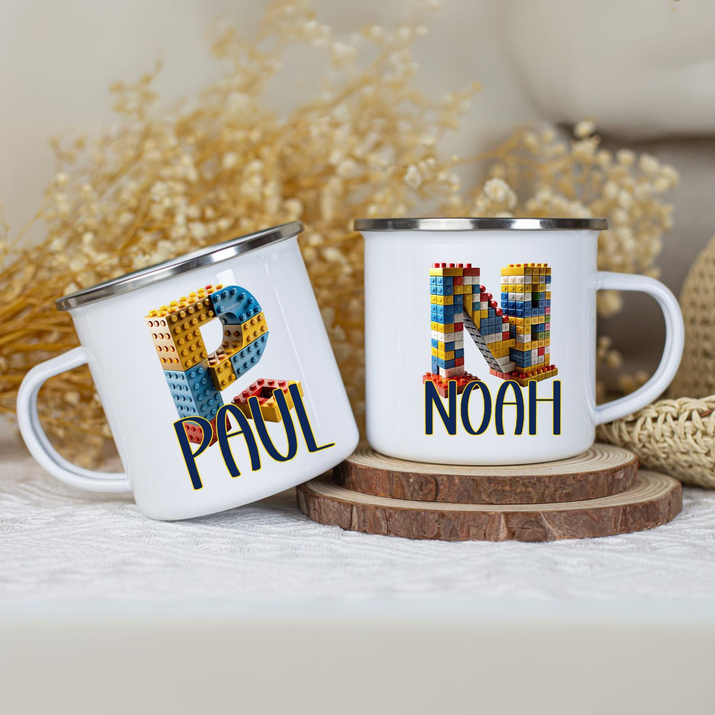 Personalisierte Emaille Tasse mit Namen Baustein Motiv Geschenkidee – wolga-kreativ