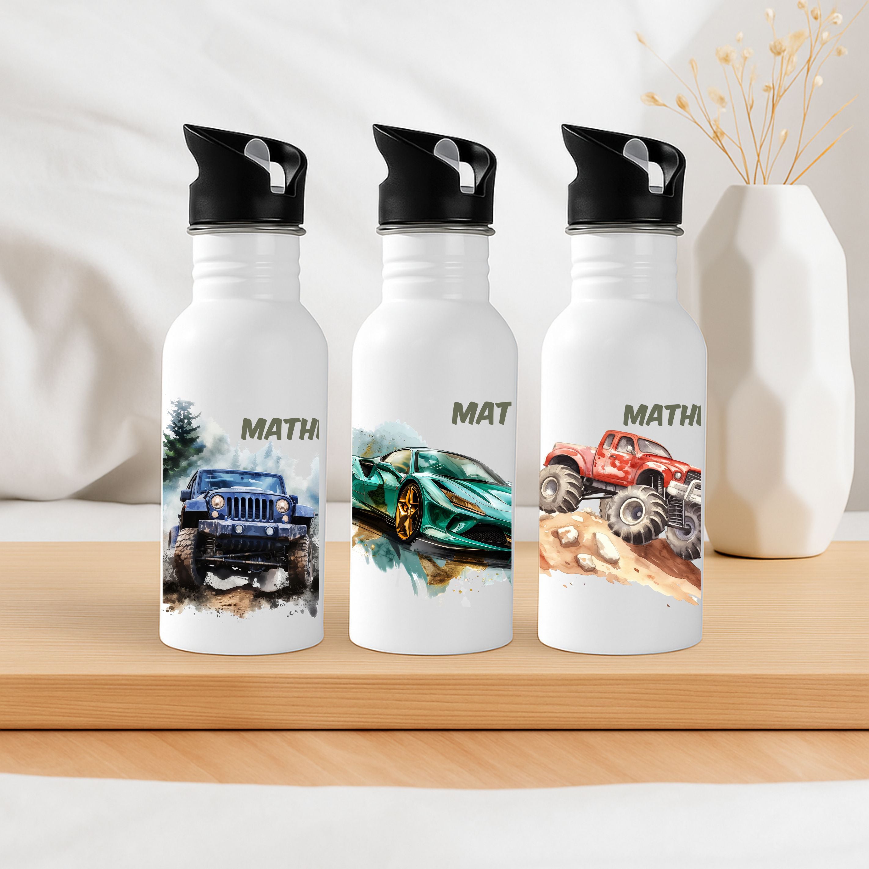 Trinkflasche Aus Aluminium Mit Name Vincent – Auto-Motiv Für Jungs – 500 Ml