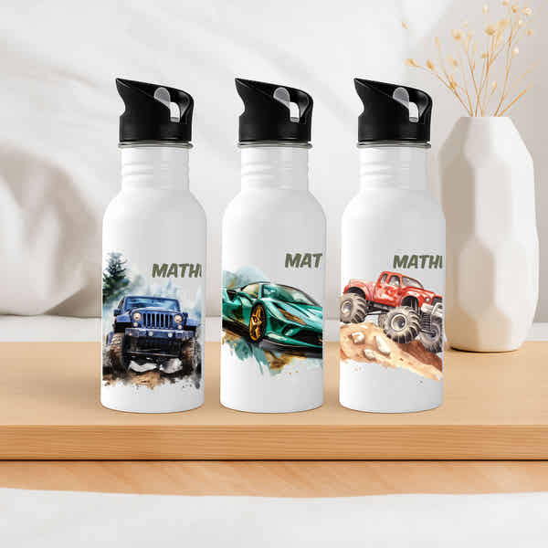 Trinkflasche Aus Aluminium Mit Name Vincent – Auto-Motiv Für Jungs – 500 Ml