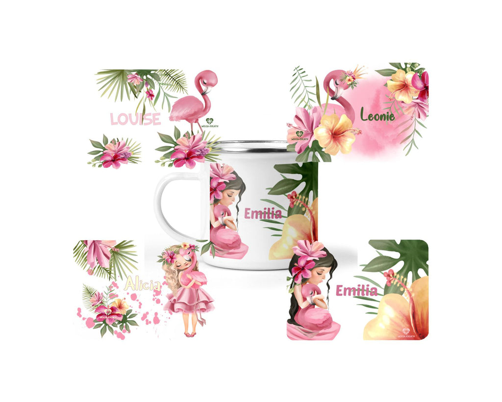Emaille Tasse Flamingo mit Name - wolga-kreativ