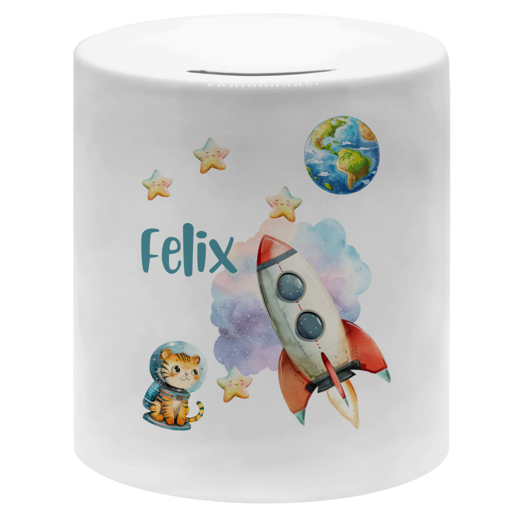 Spardose Weltall – Astronaut & Rakete – Personalisierte Keramik-Spardose für Kinder