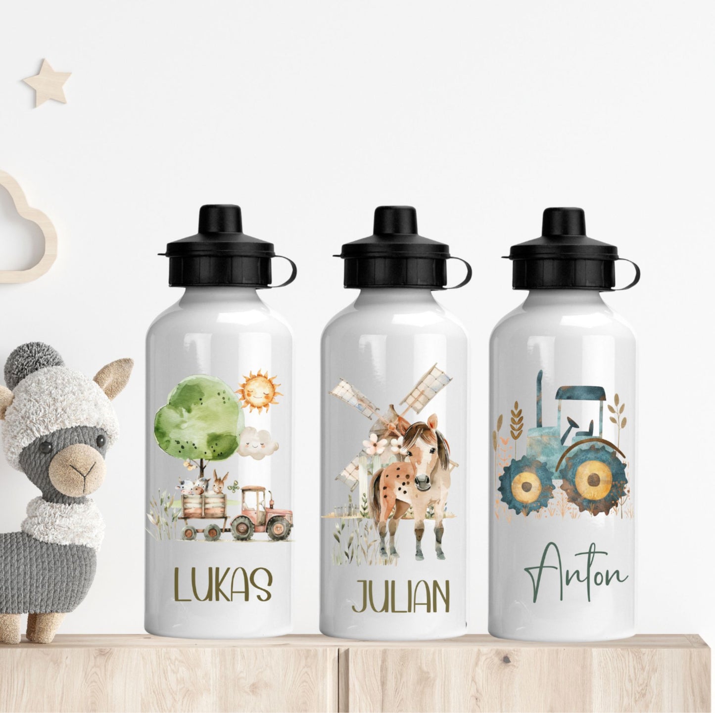 Kinder-Trinkflasche mit Bauernhof-Motiven und Namen personalisiert