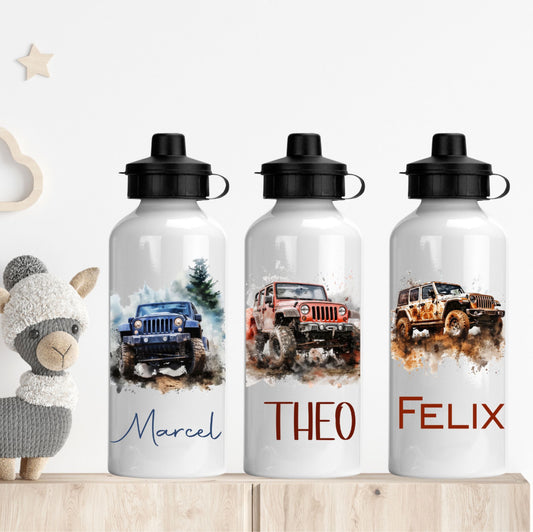 Kinder-Flasche mit Monstertrack Motiven und Namen personalisiert - großes Auto Geländewagen