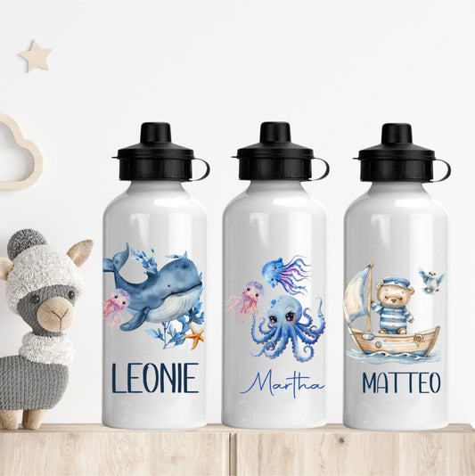 Sportflasche für Kinder mit Meer-Motiven und Namen bedruckt - Wal Delfin Oktopus