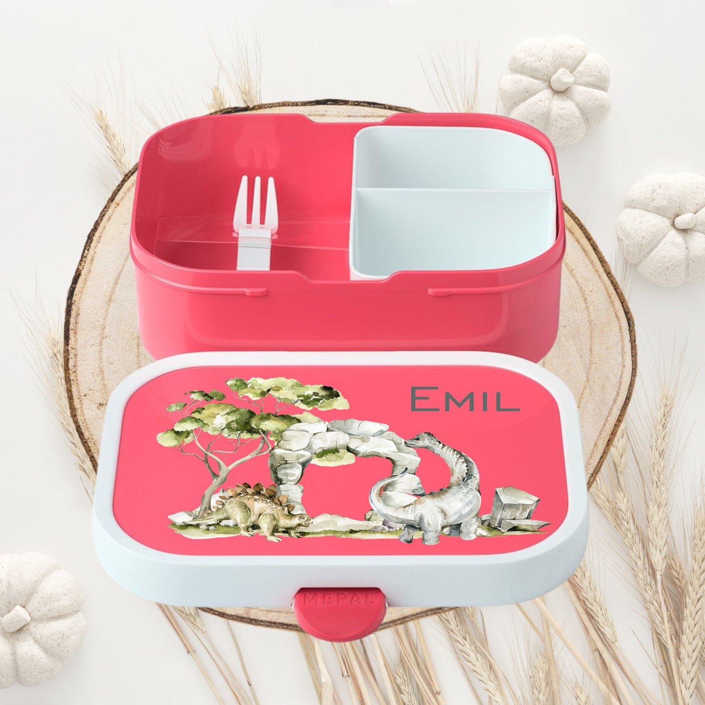 Lunchbox rosa mit Trennung und Gabel mit Dinosaurier Motiven und Namen personalisieren