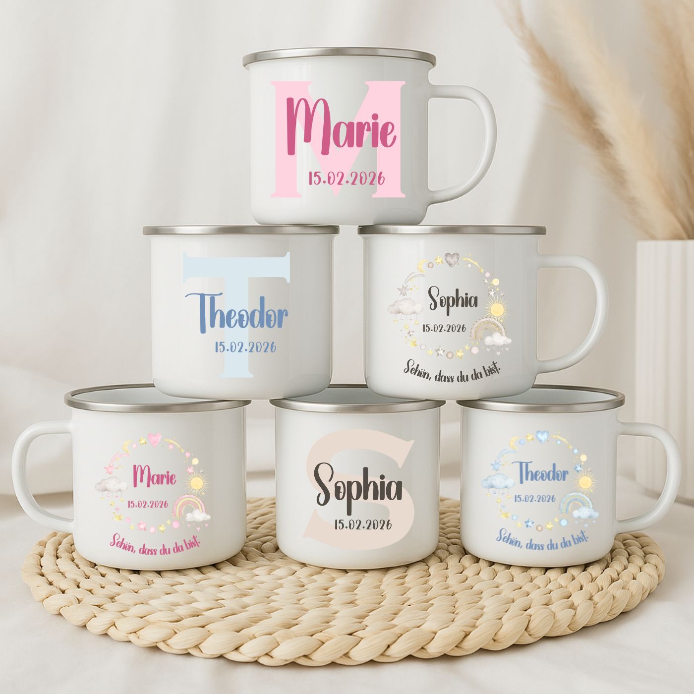 Emaille Tasse personalisiert – Kindertasse mit Namen und Geburtsdatum – Bruchsicher und BPA-frei