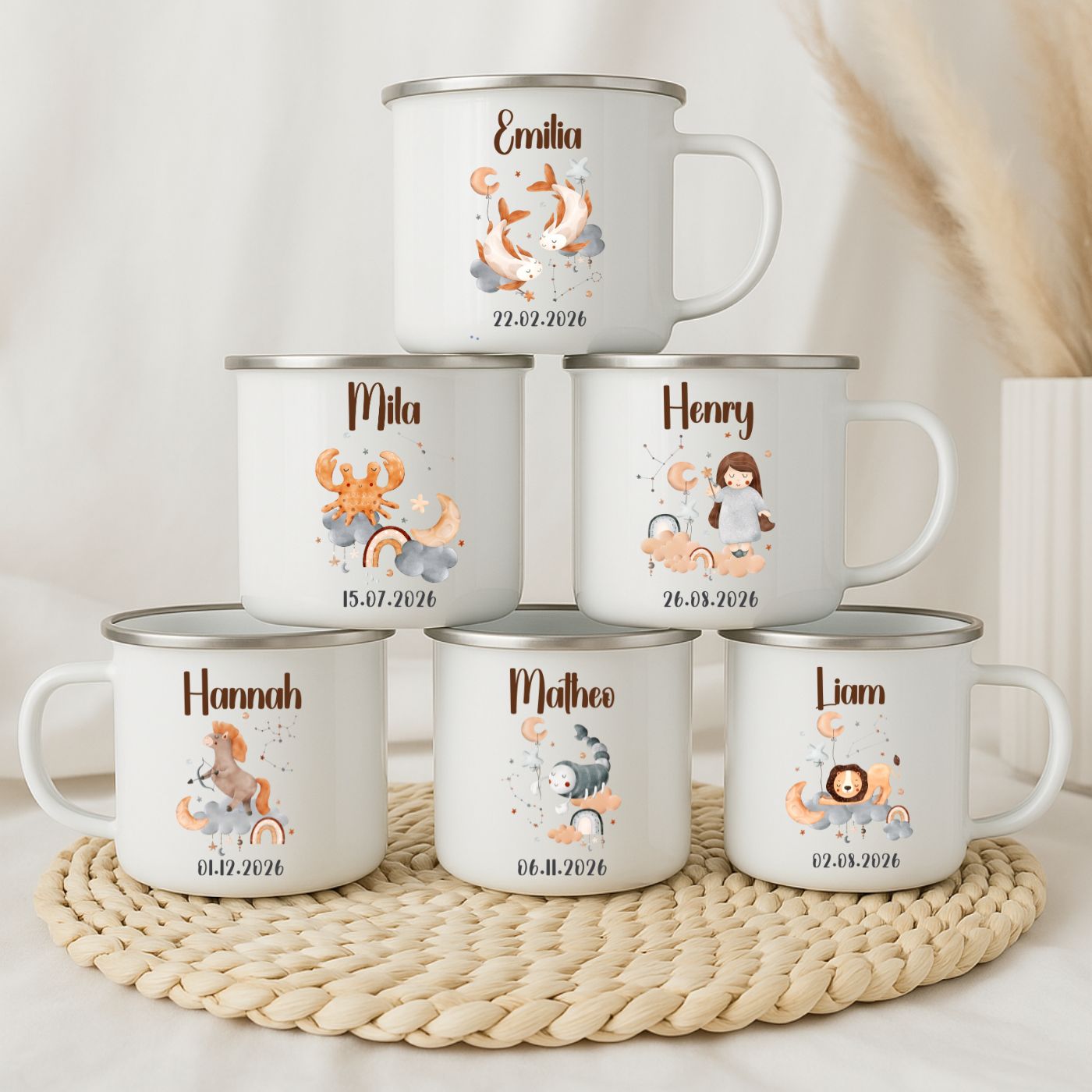 Emaille Tasse personalisiert – Sternzeichen Kindertasse mit Namen und Geburtsdatum – Bruchsicher