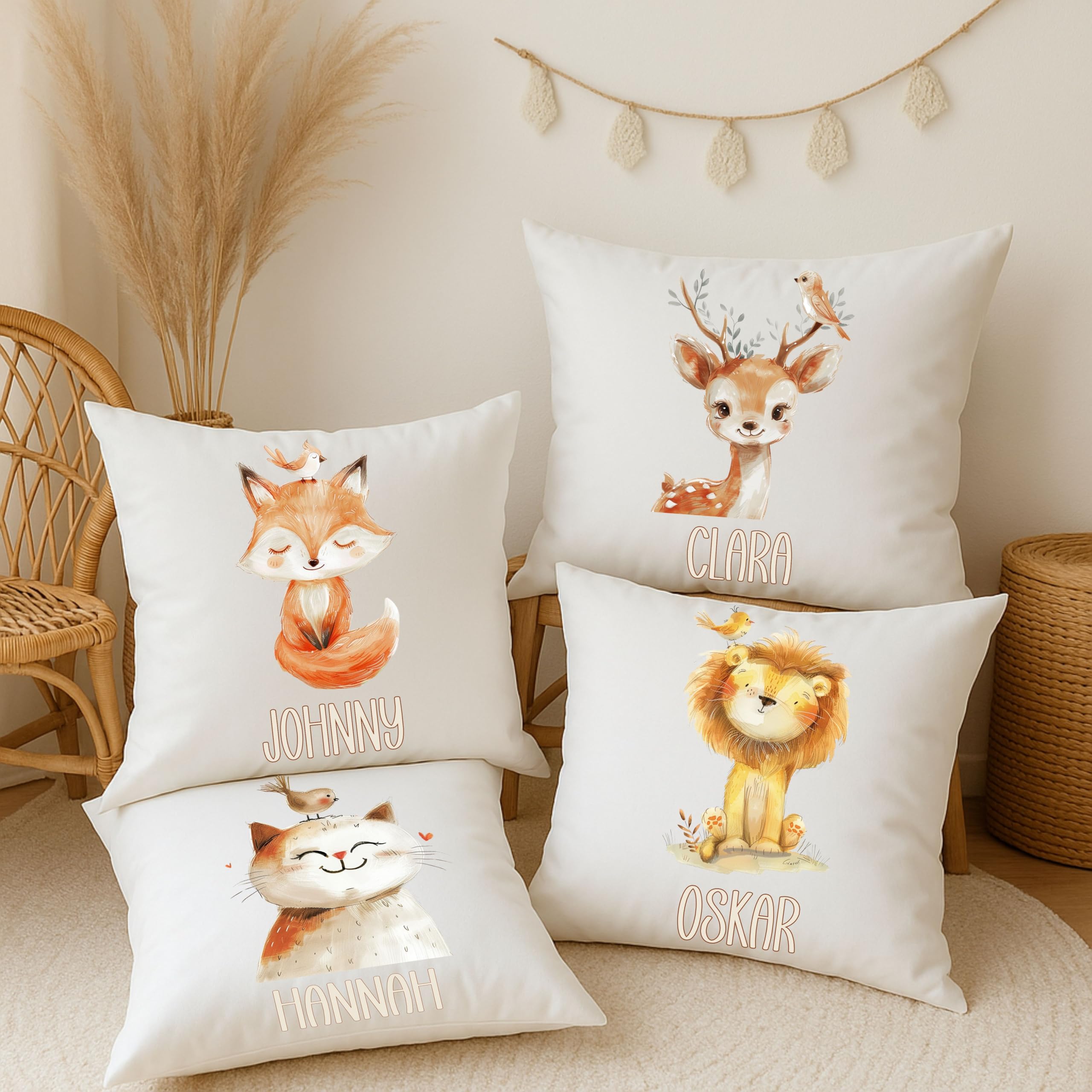 Personalisiertes Kissen mit süßen Tieren – Reh, Katze, Bär & Löwe