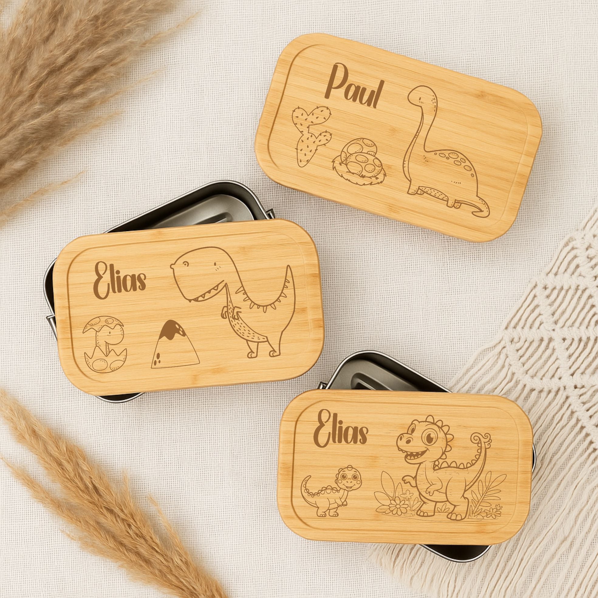 Brotdose Metall Dino – Lunchbox mit Holzdeckel & Name