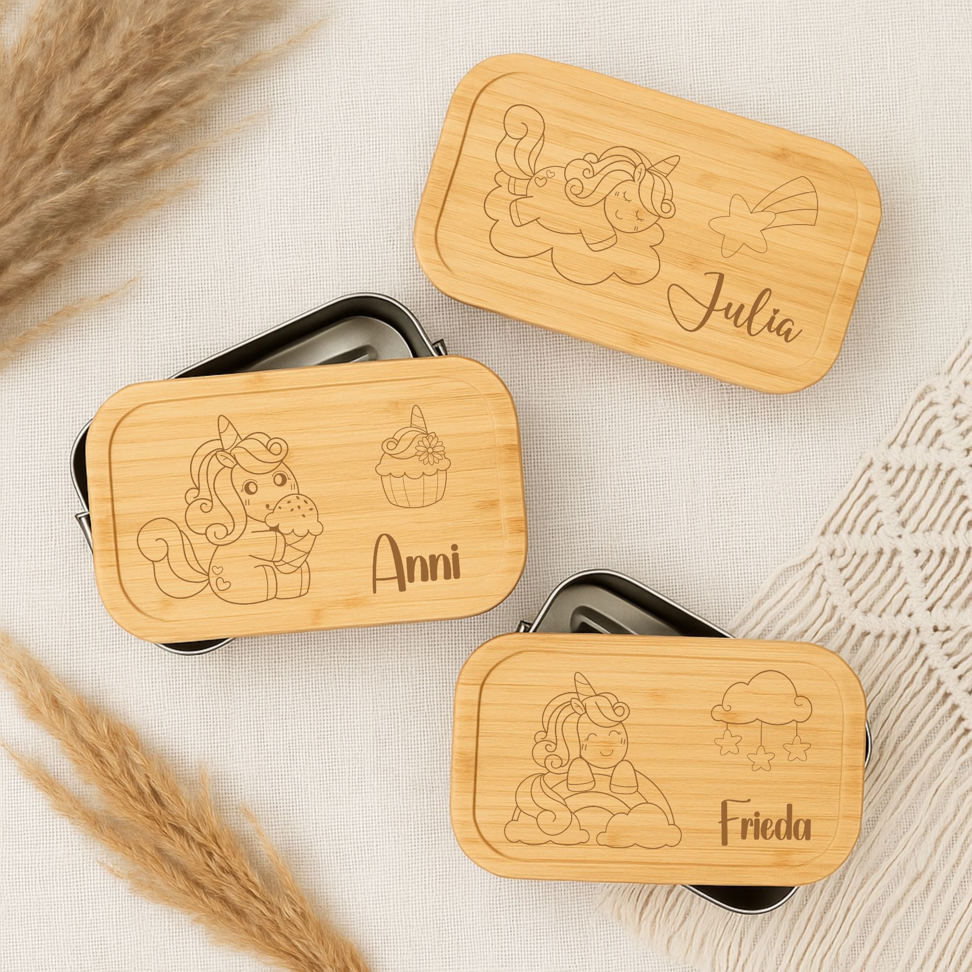 Brotdose Metall Einhorn – Lunchbox mit Holzdeckel & Name
