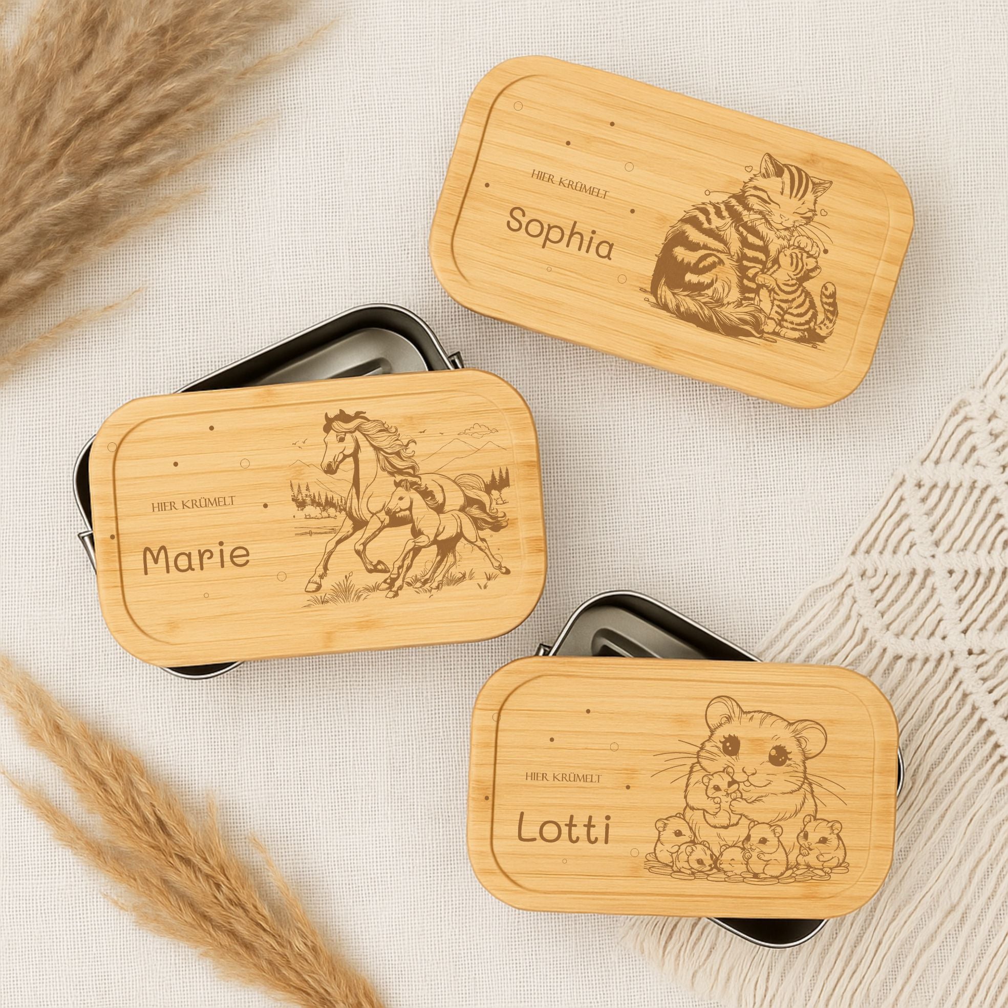 Brotdose Metall Tierfamilien – Holzdeckel mit Name graviert