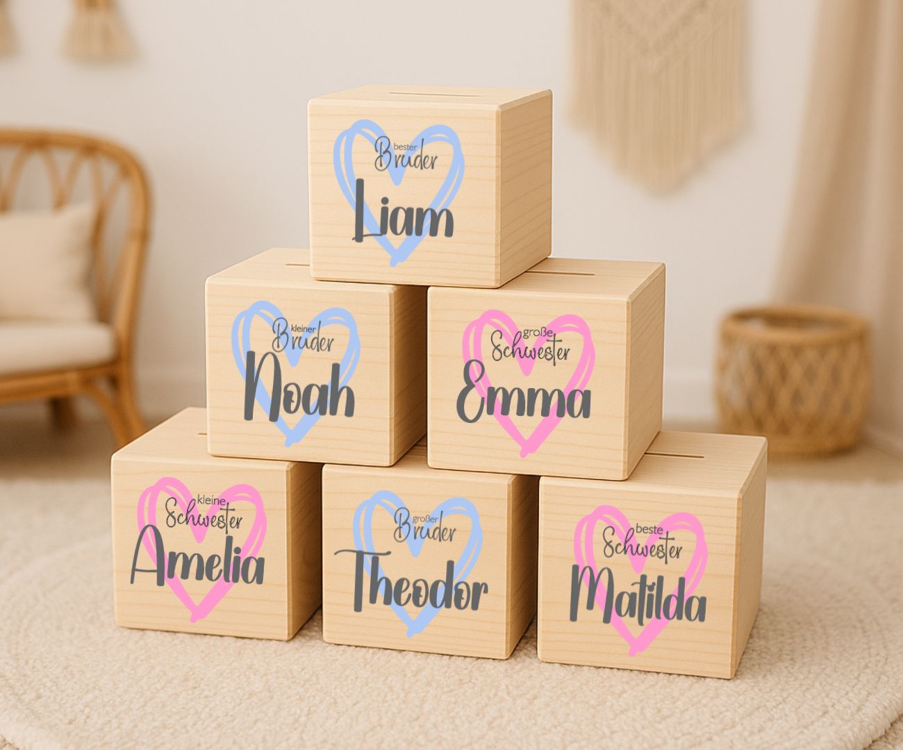 Holz Spardose Kinder personalisiert Geschwister Motiv mit Namen grosse Schwester kleiner Bruder