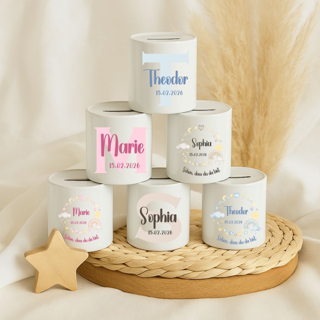 Spardose mit Namen und Geburtsdatum – Personalisiertes Geschenk zur Geburt oder Taufe