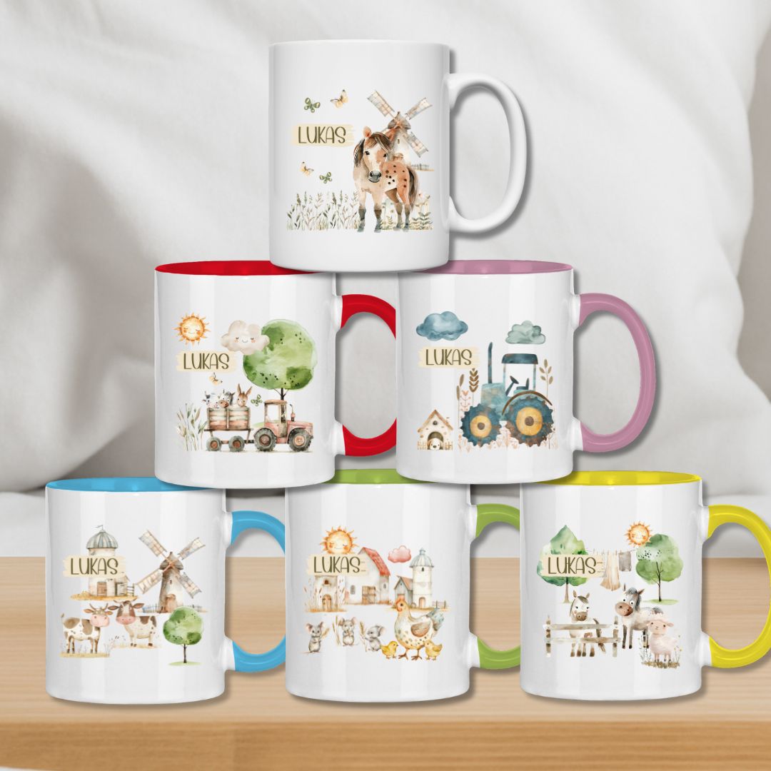 Kindertasse personalisiert – Keramiktasse mit Traktor und Namen für Kinder