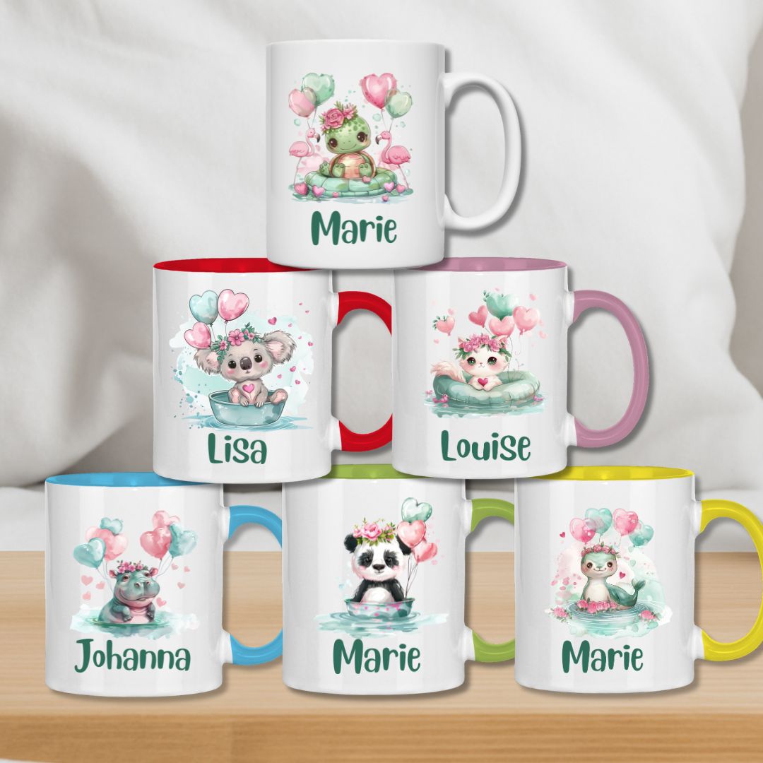Kindertasse personalisiert – Keramiktasse mit grünen Tieren und Namen