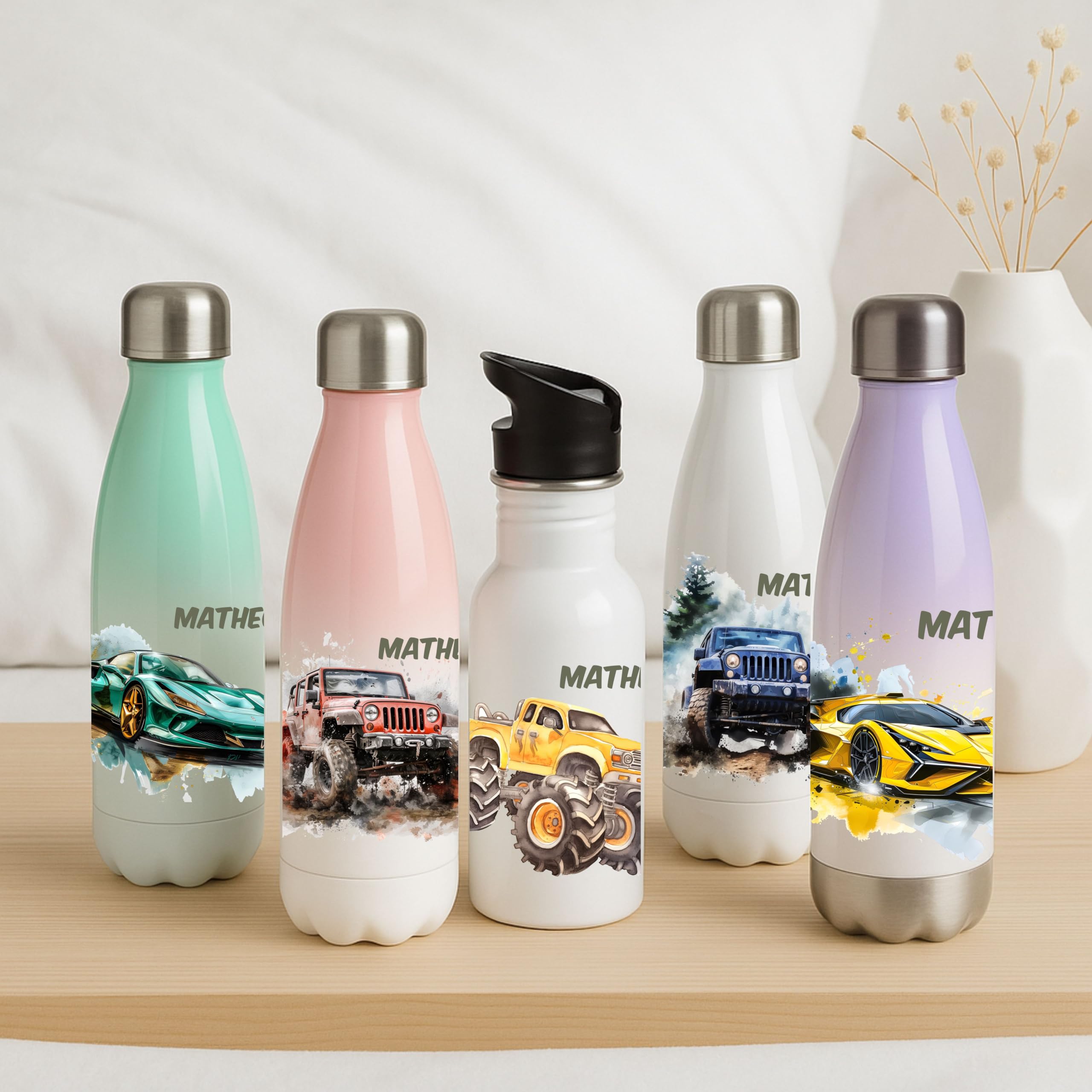 Edelstahl Trinkflasche für Kinder personalisiert mit Auto Motiven