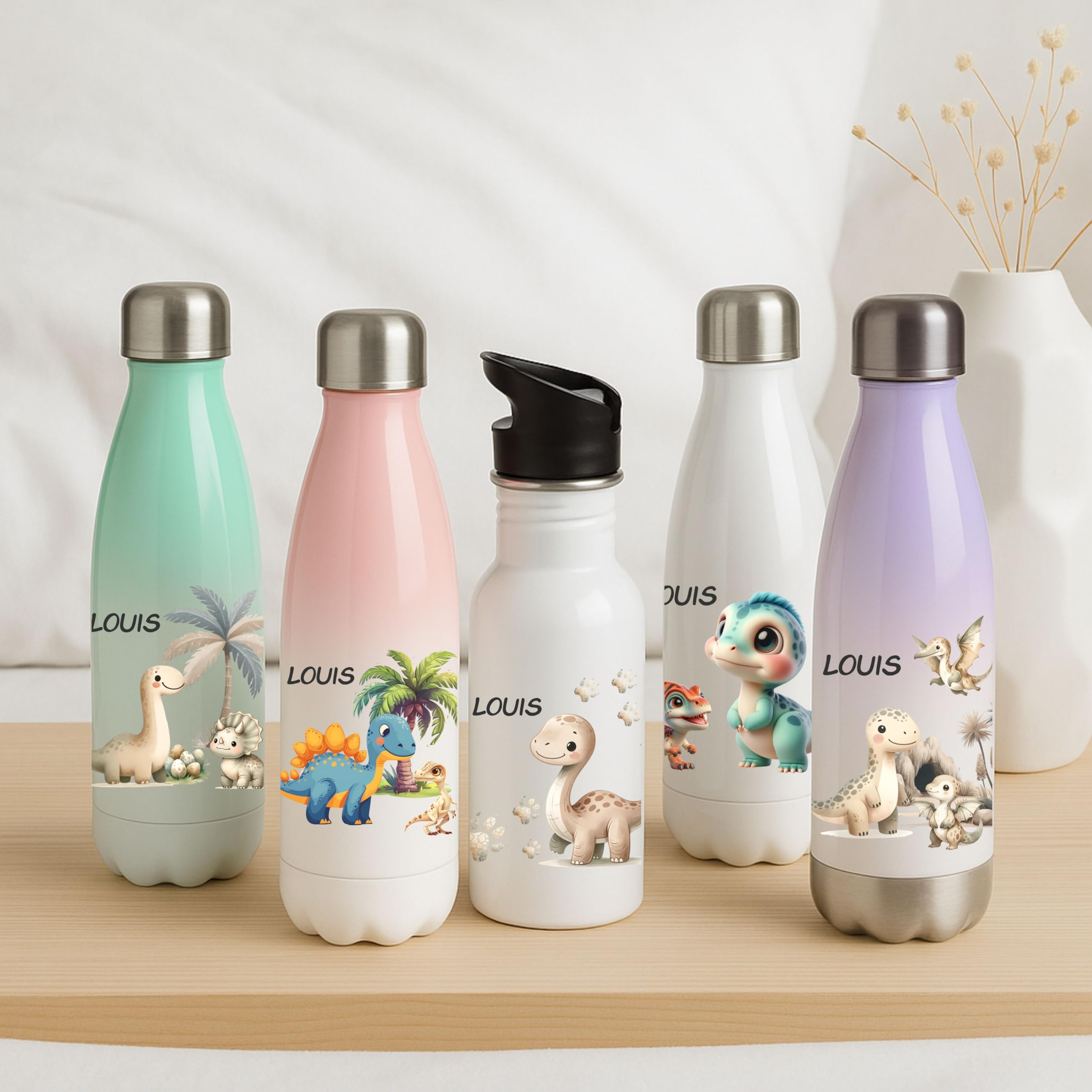 Thermosflasche für Kinder mit Dino Motiven und Namen