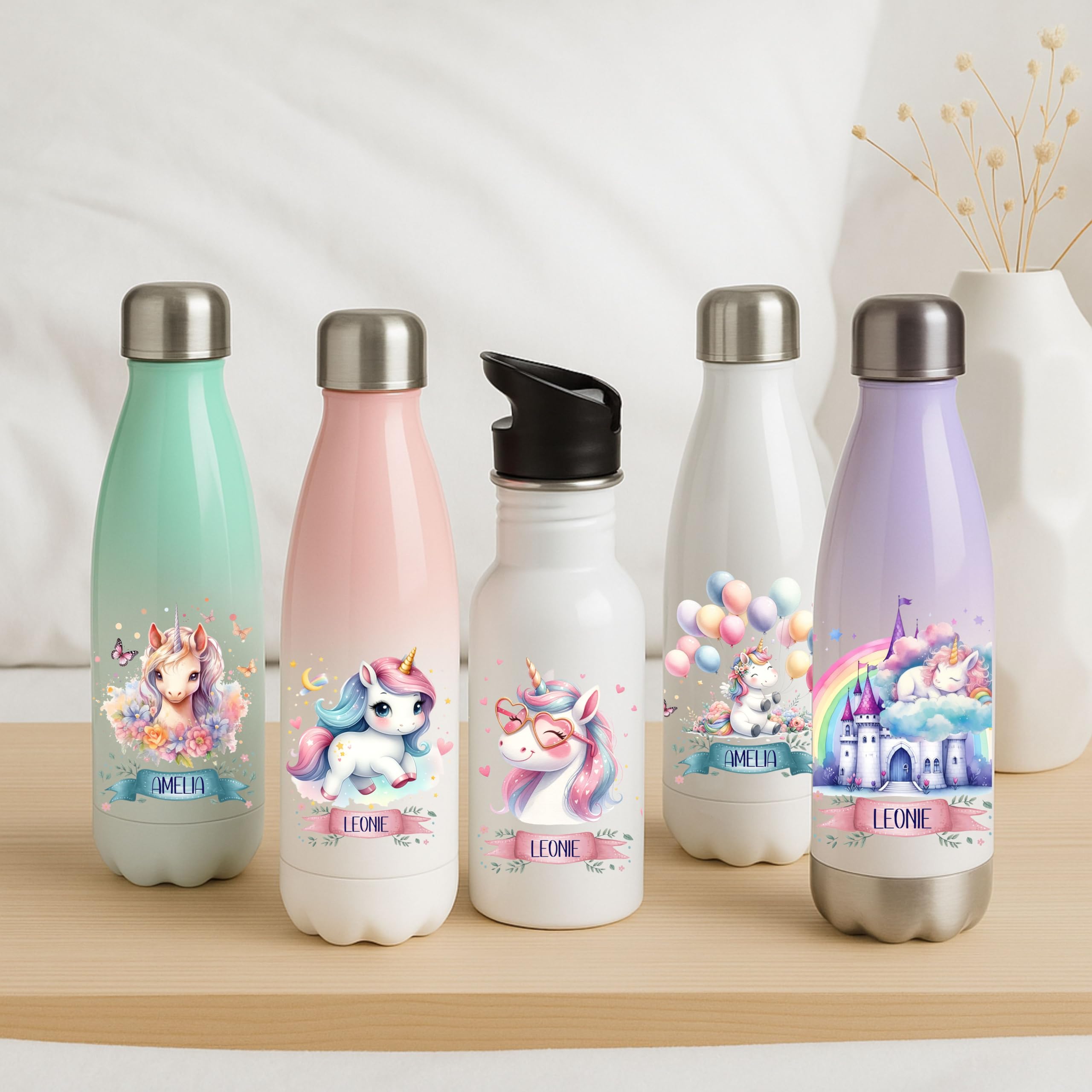 Thermo Trinkflasche für Mädchen personalisiert – Einhorn Motive