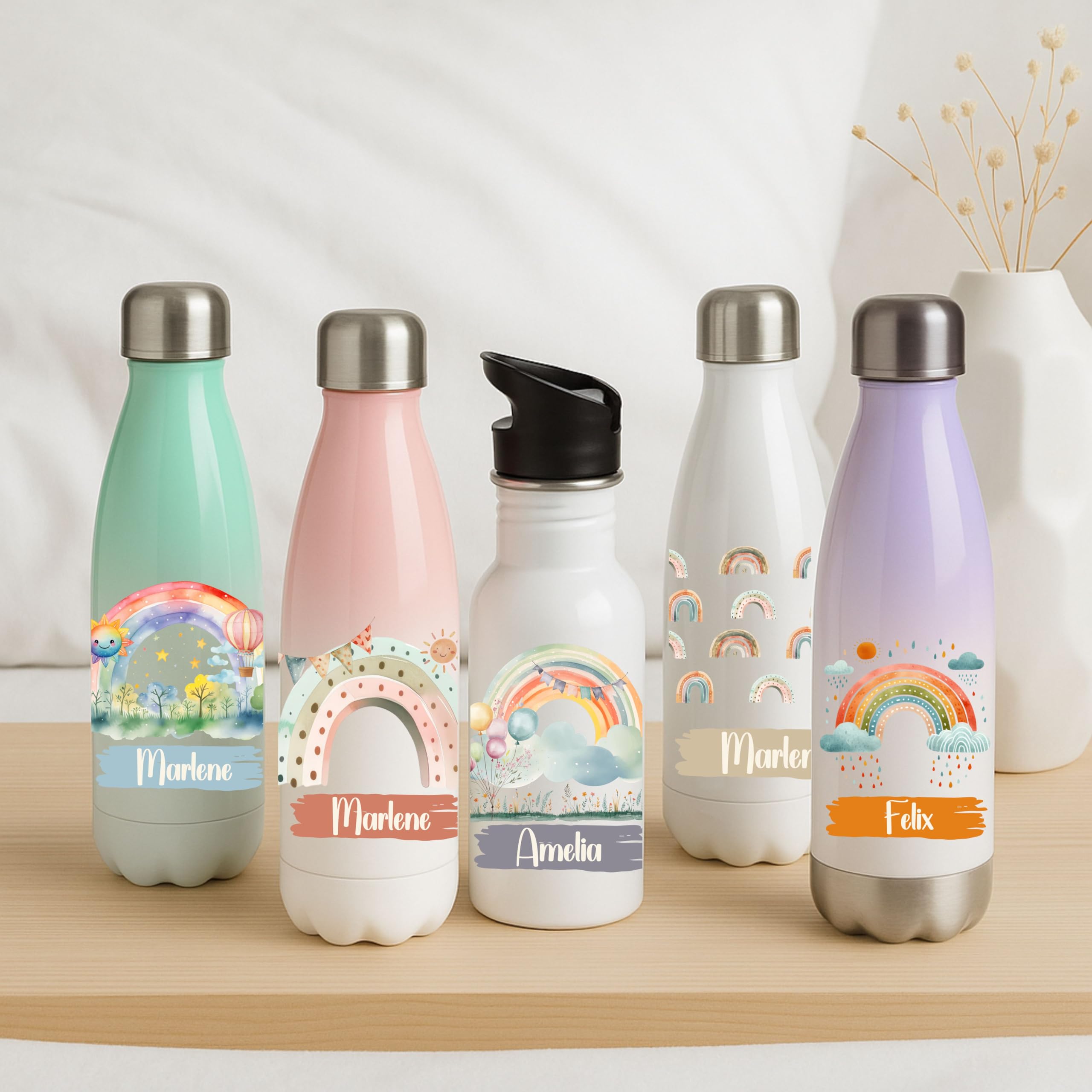 Isolierflasche für Kinder – Regenbogen Motive mit Namen