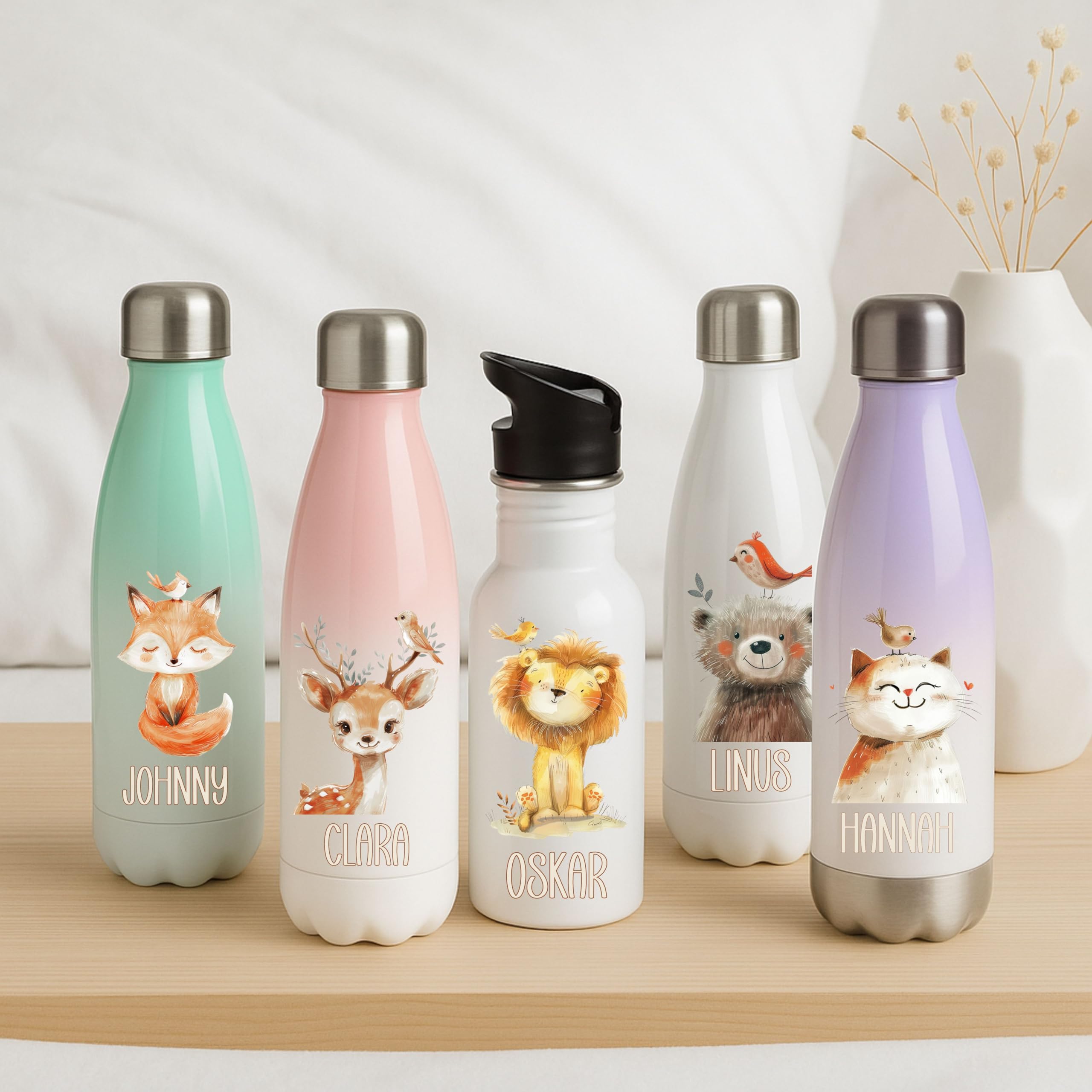 Kinderflasche mit Namen und Tiermotiven