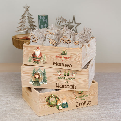 Adventskiste aus Holz mit Namen & Christkind Weihnachtsmann Motive