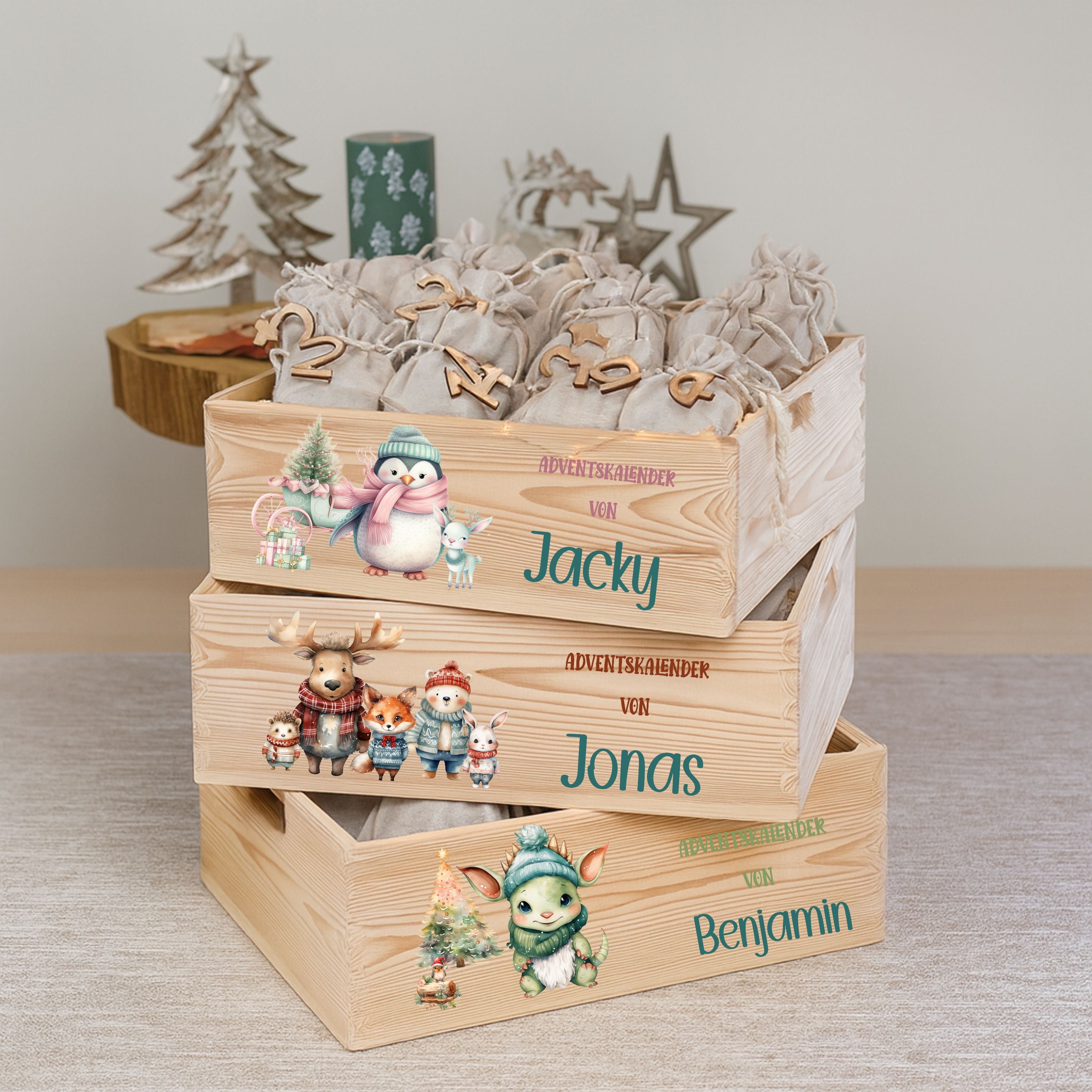 Adventskiste aus Holz mit Namen & Waldtiere Motiv