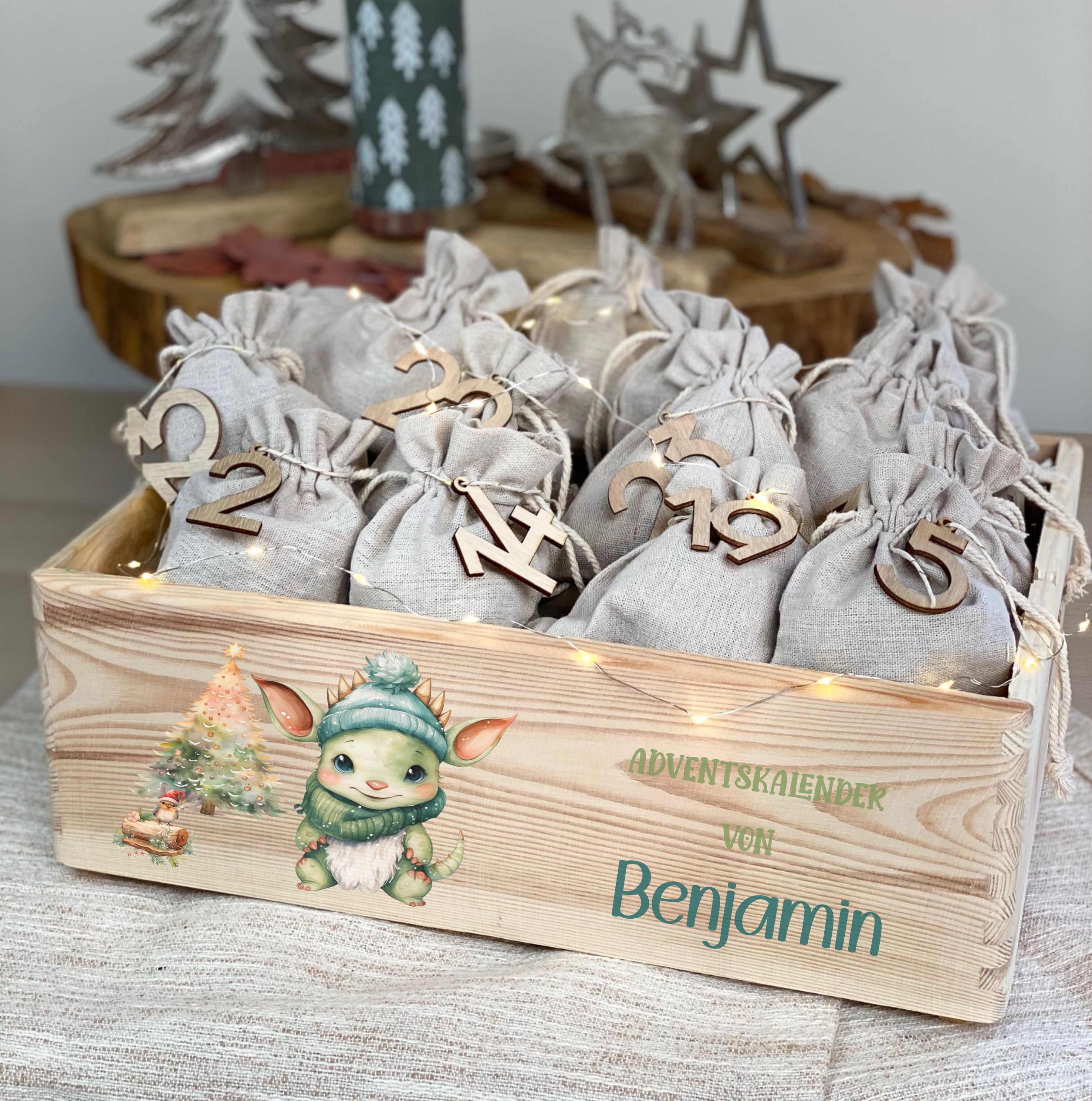 Adventskiste aus Holz mit Namen & Waldtiere Motiv