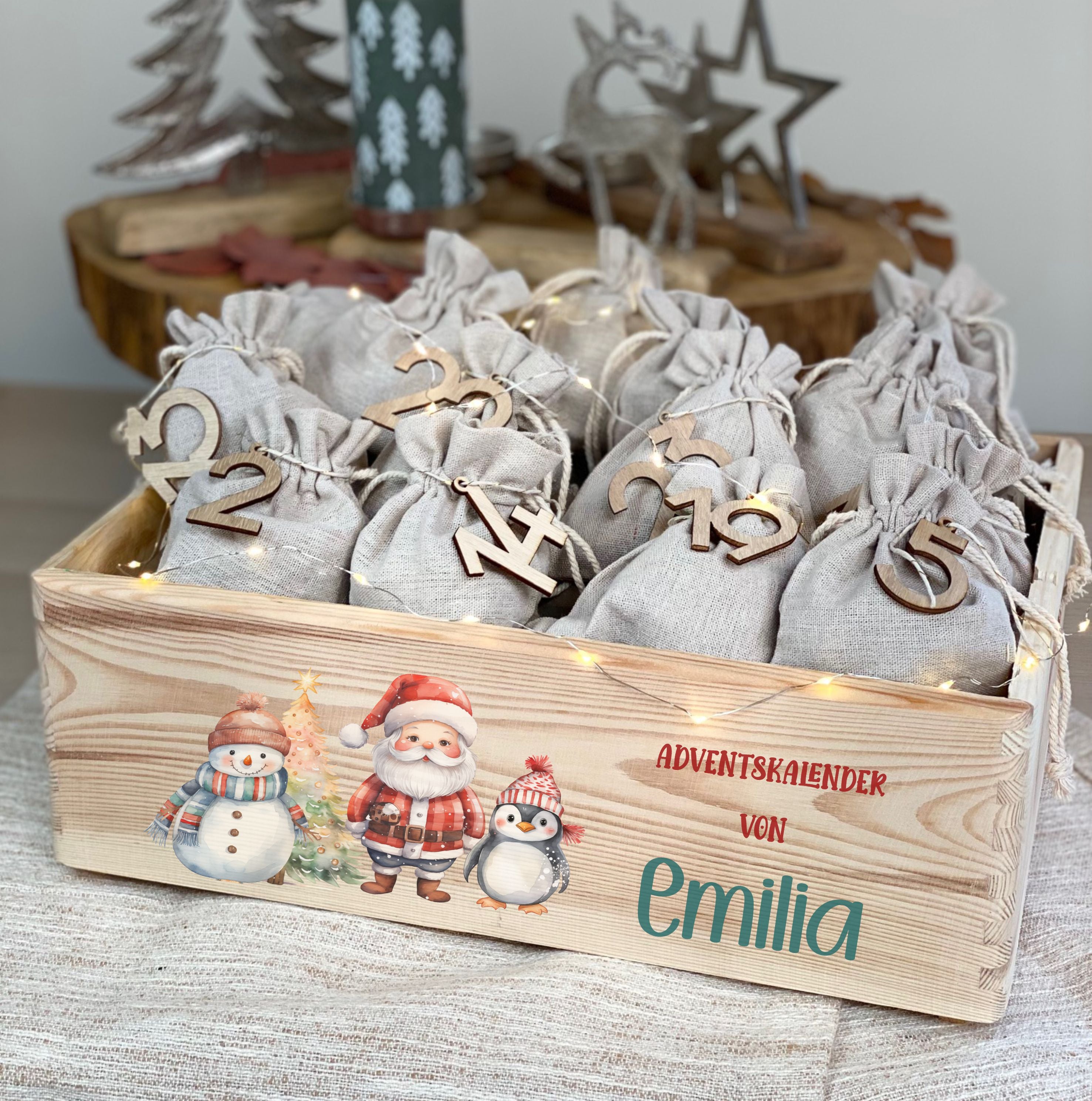 Adventskiste aus Holz mit Namen & Waldtiere Motiv