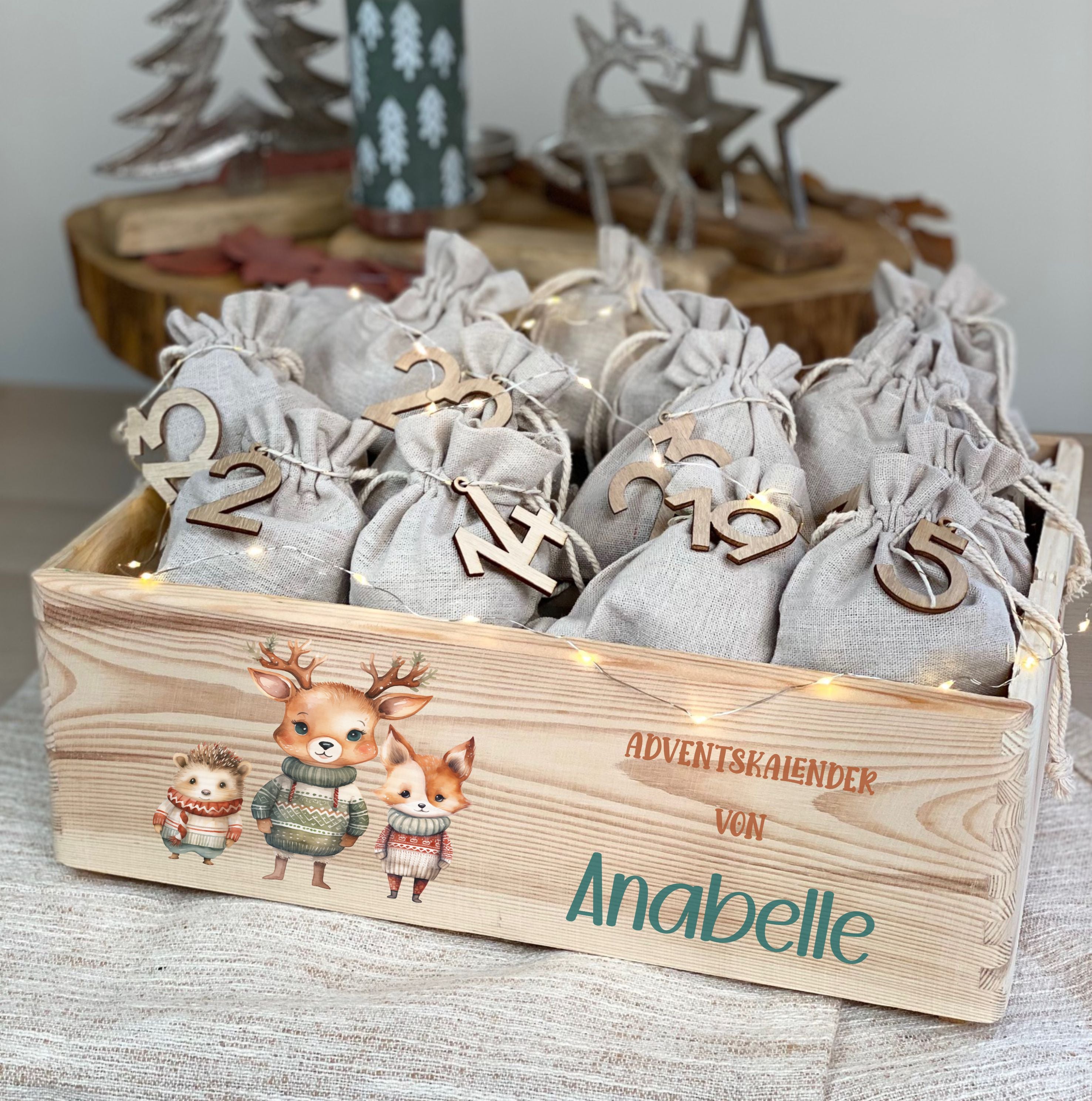 Adventskiste aus Holz mit Namen & Waldtiere Motiv