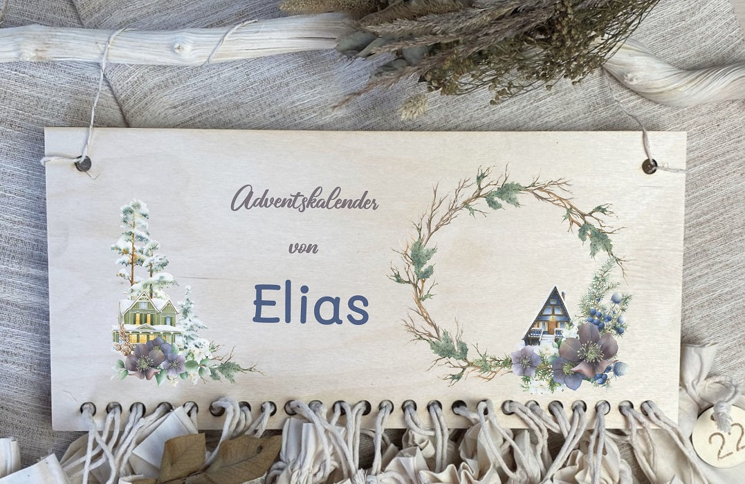 Personalisierter Holz-Adventskalender mit Namen Winterwald