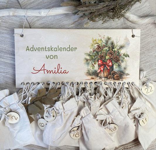 Adventskalender mit Namen und Stoffsäckchen Weihnachtsgesteck