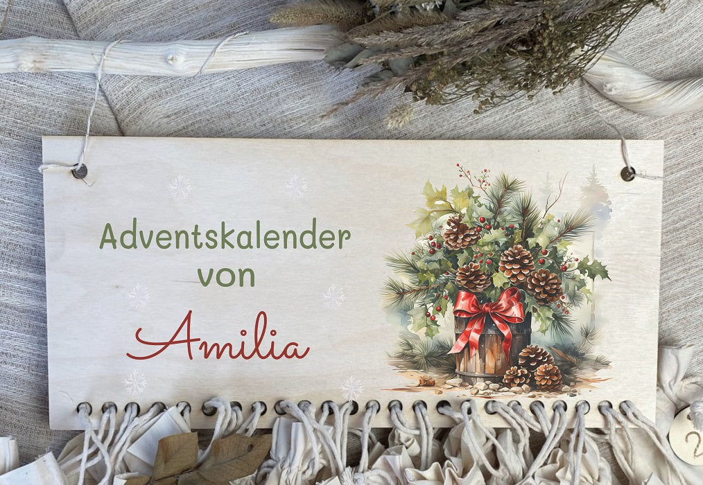 Adventskalender mit Namen und Stoffsäckchen Weihnachtsgesteck