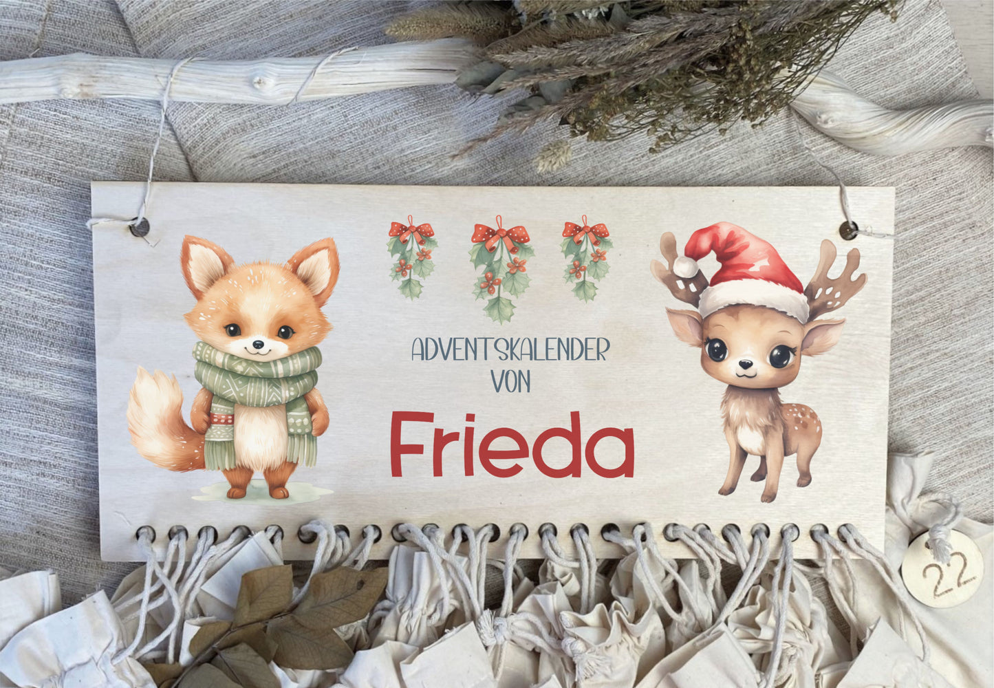 Adventskalender Leiste aus Holz und Stoffsäckchen Baby Fuchs