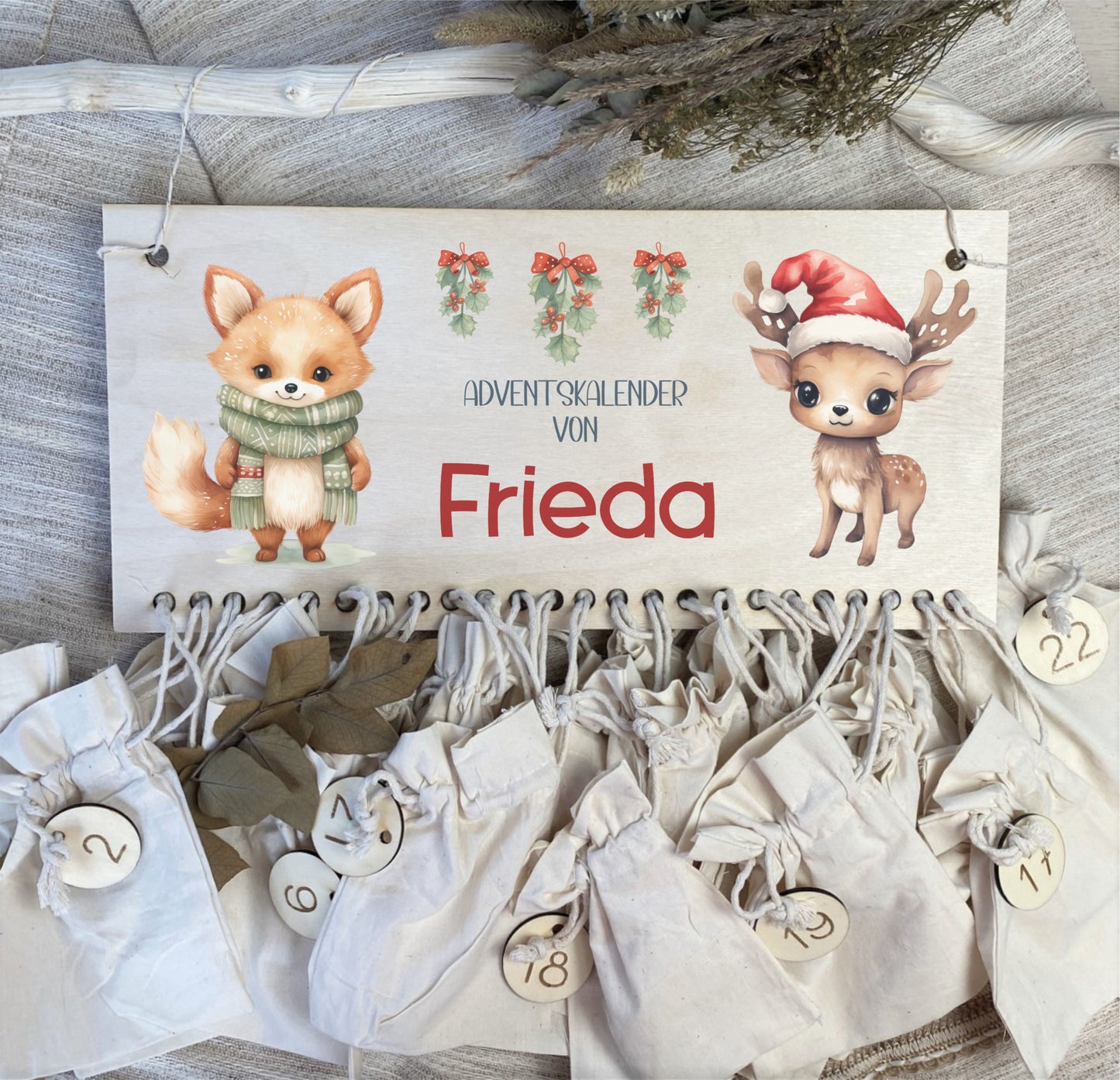 Adventskalender Leiste aus Holz und Stoffsäckchen Baby Fuchs