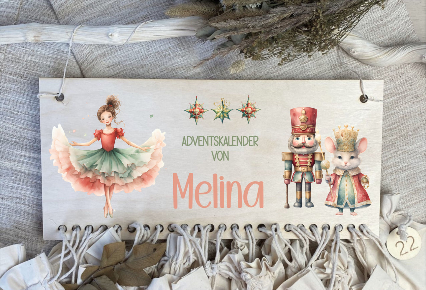 Adventskalender Leiste aus Holz und Stoffsäckchen Ballerina