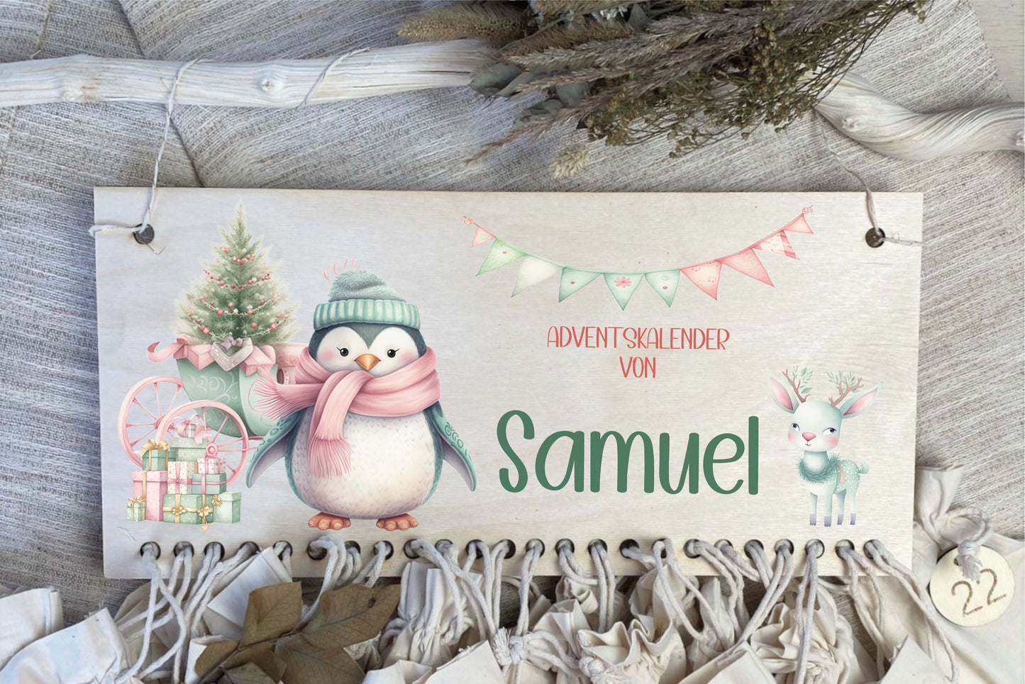 Holz Adventskalender mit Stoffsäckchen Pinguin