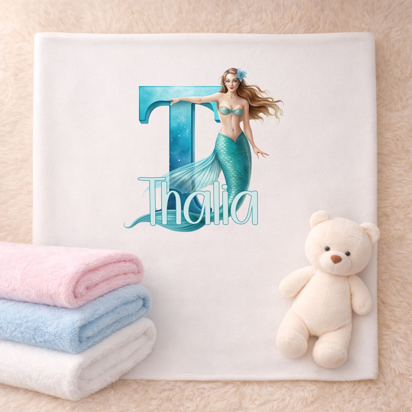 Personalisierte Babydecke mit Namen und Meerjungfrau Motiv aus weichem Plüsch für Neugeborene