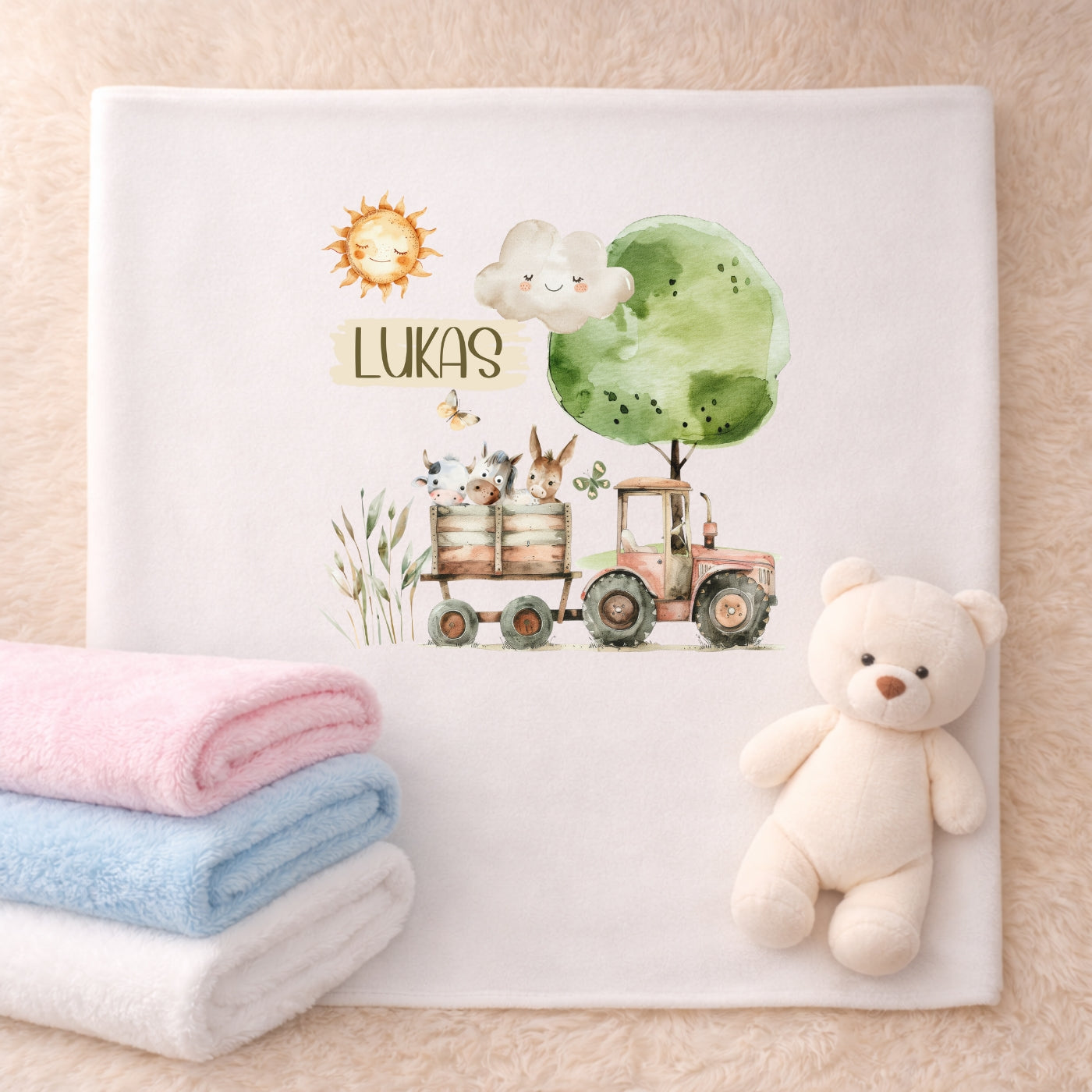 Personalisierte Babydecke mit Namen Bauernhof Kuscheldecke