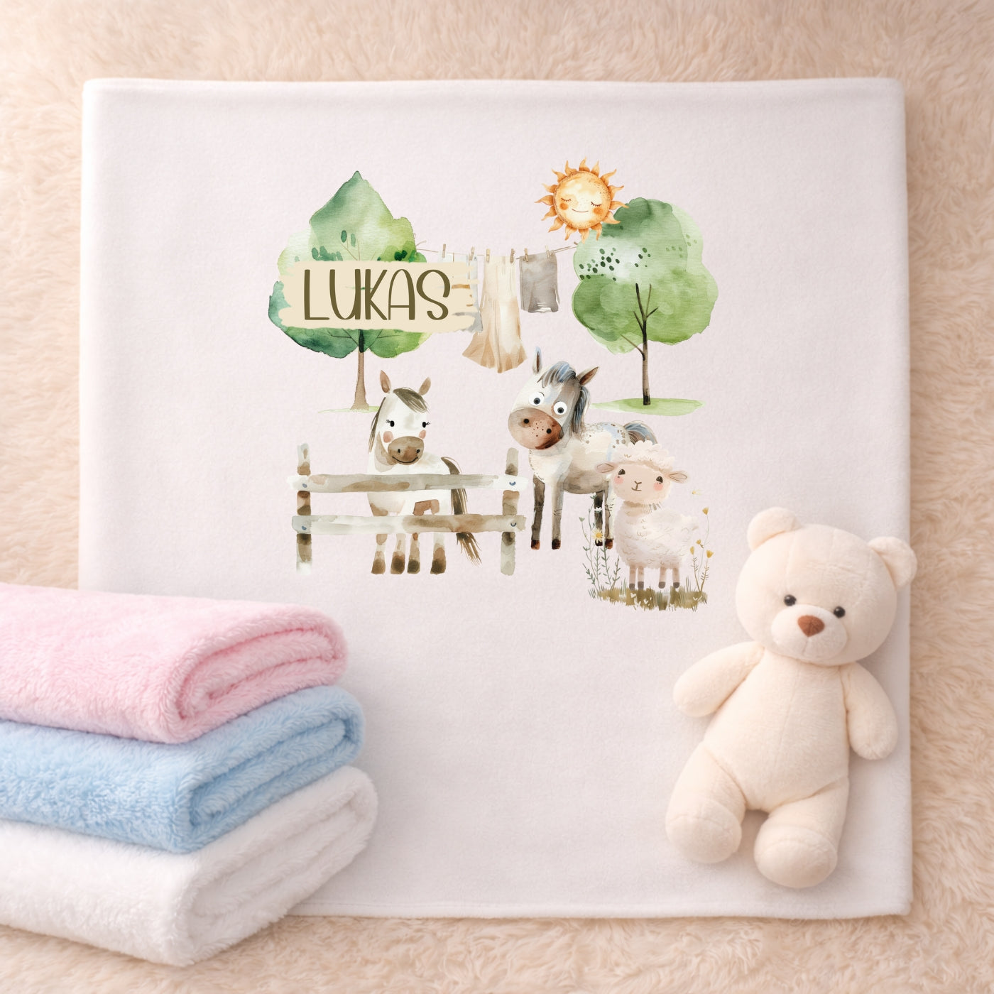 Personalisierte Babydecke mit Namen Bauernhof Kuscheldecke