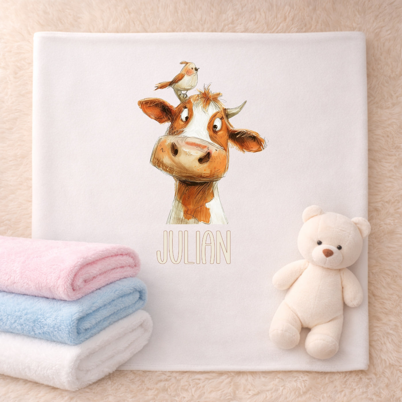 Personalisierte Babydecke mit Namen Tiere Beige Kuscheldecke