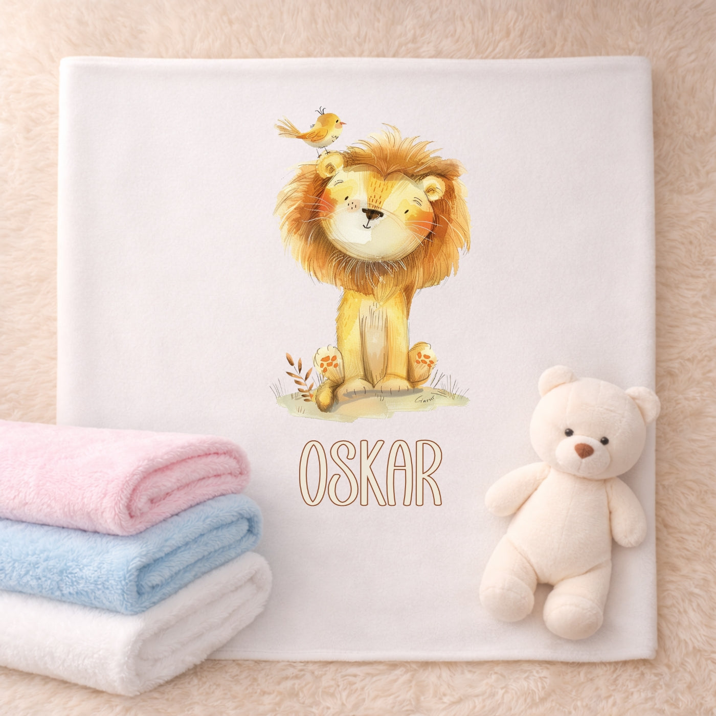 Personalisierte Babydecke mit Namen Tiere Beige Kuscheldecke