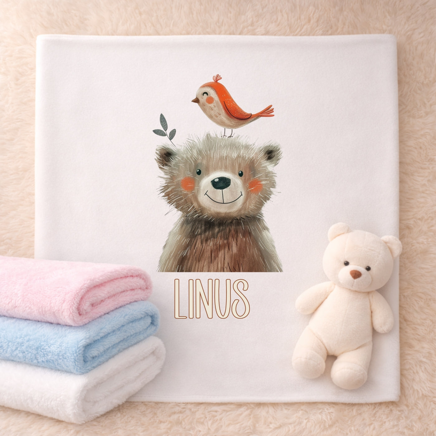 Personalisierte Babydecke mit Namen Tiere Beige Kuscheldecke