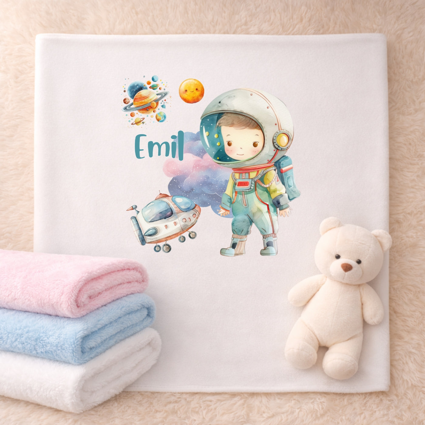 Personalisierte Babydecke mit Namen Weltall Kuscheldecke