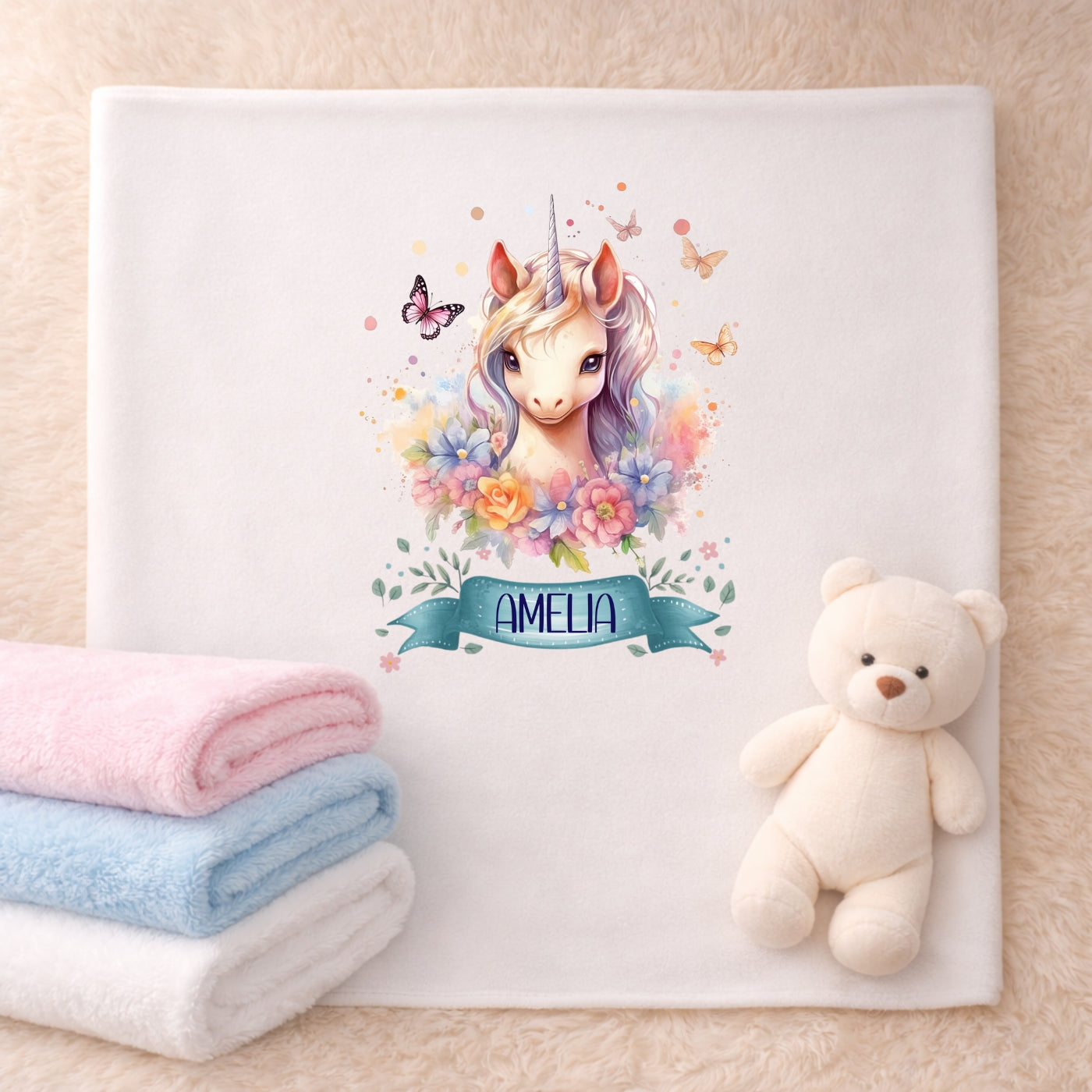 Personalisierte Babydecke mit Namen Einhorn Kuscheldecke