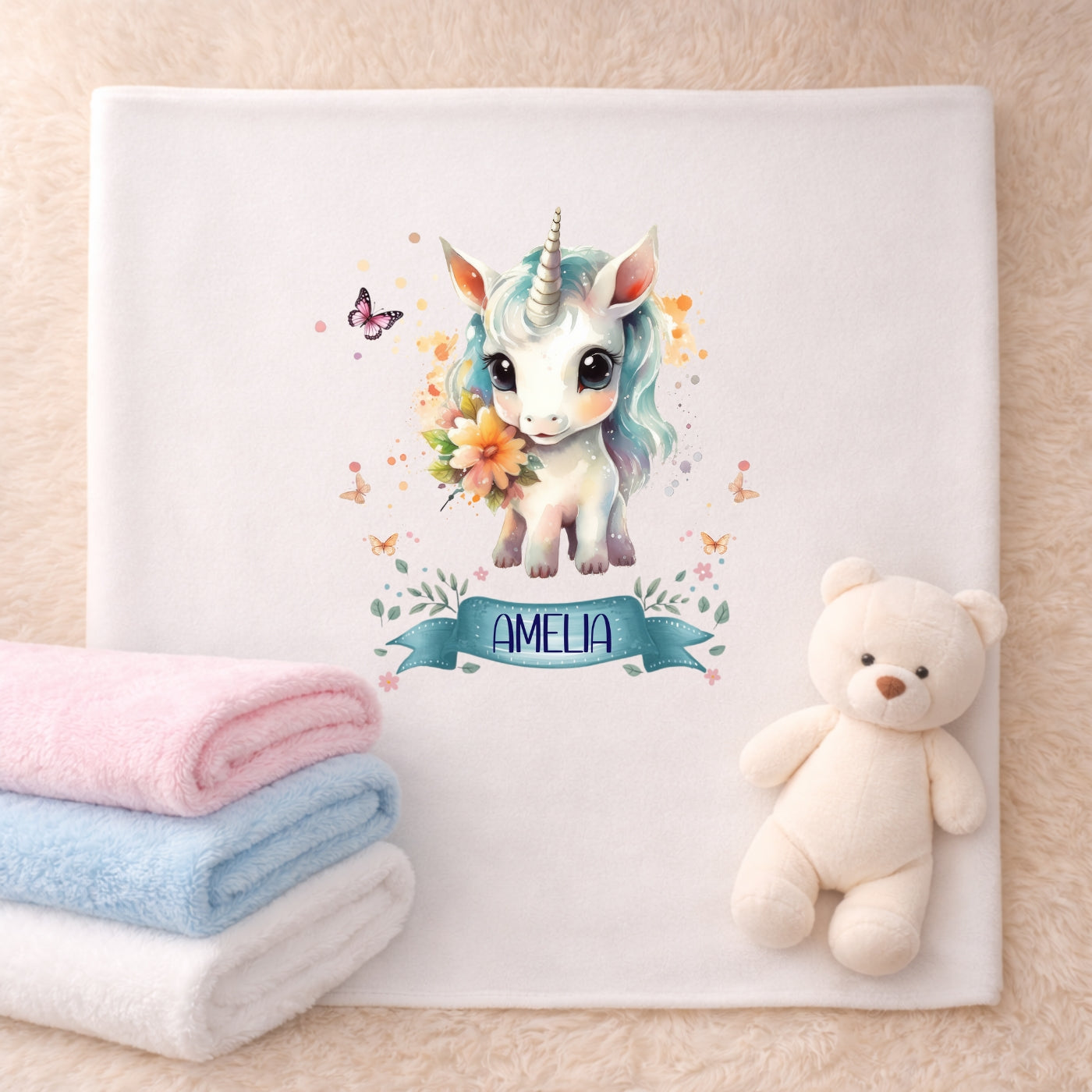 Personalisierte Babydecke mit Namen Einhorn Kuscheldecke