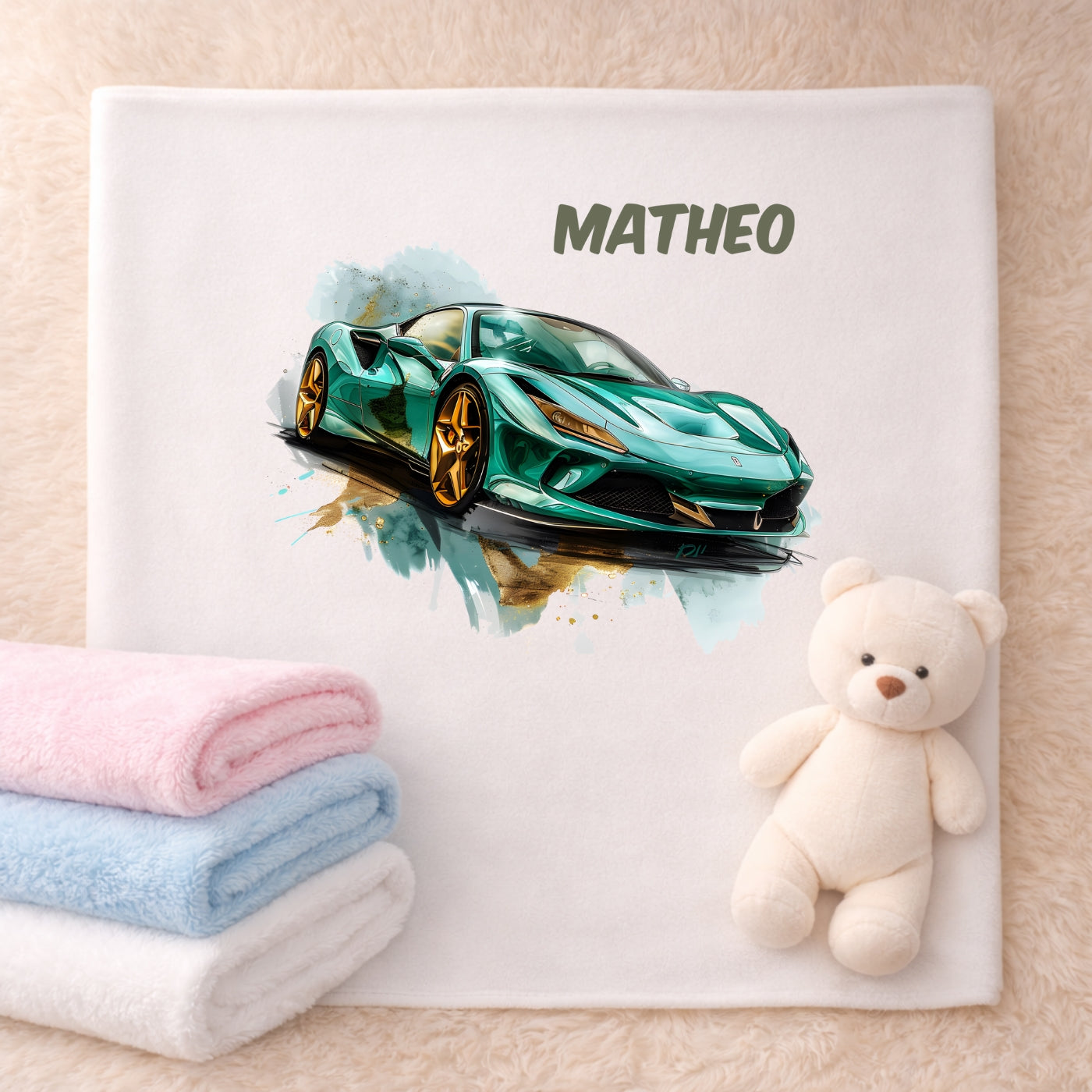 Personalisierte Babydecke mit Namen Auto Kuscheldecke
