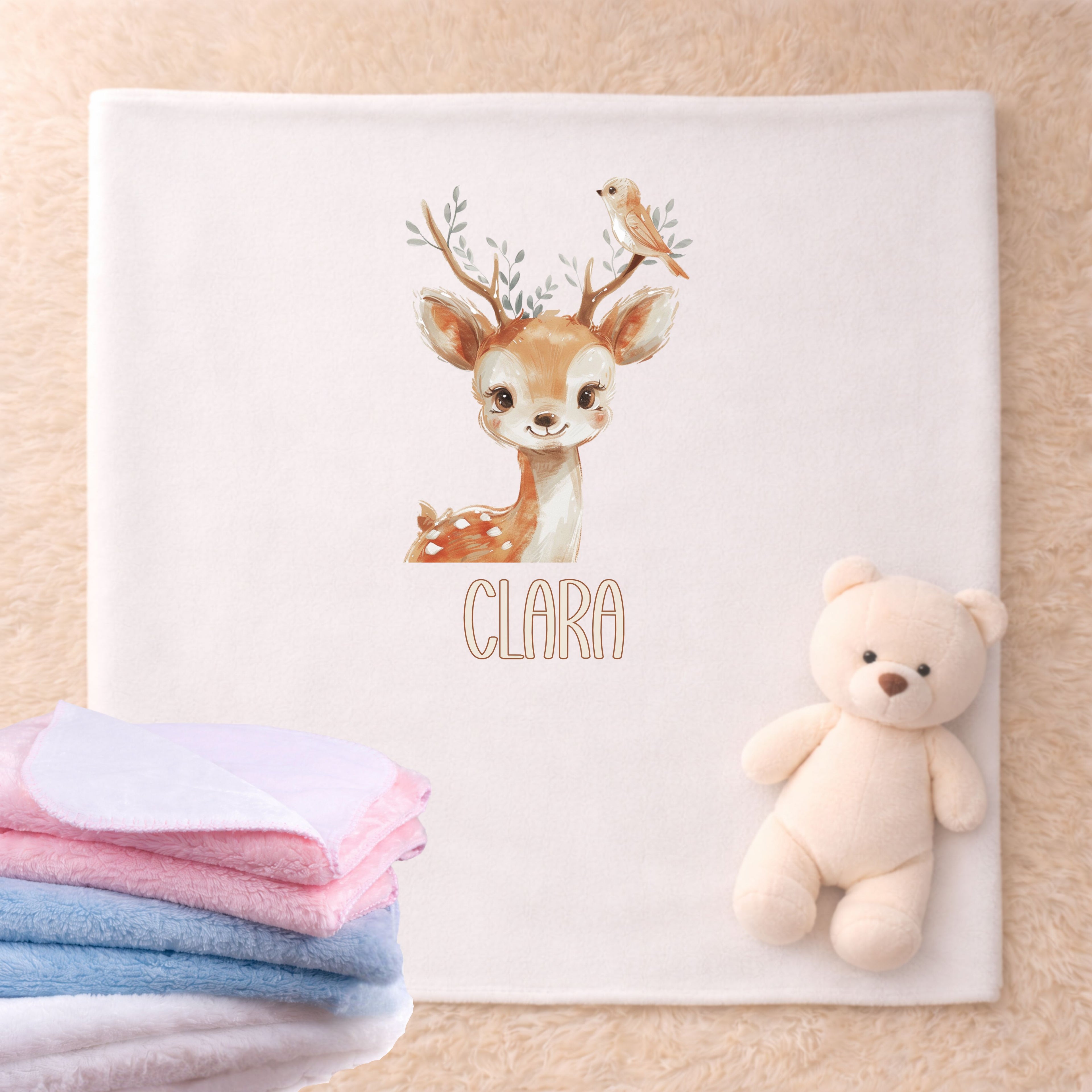 Kuscheldecke Baby Tiere beige Design personalisiert mit Namen ideales Geschenk zur Geburt