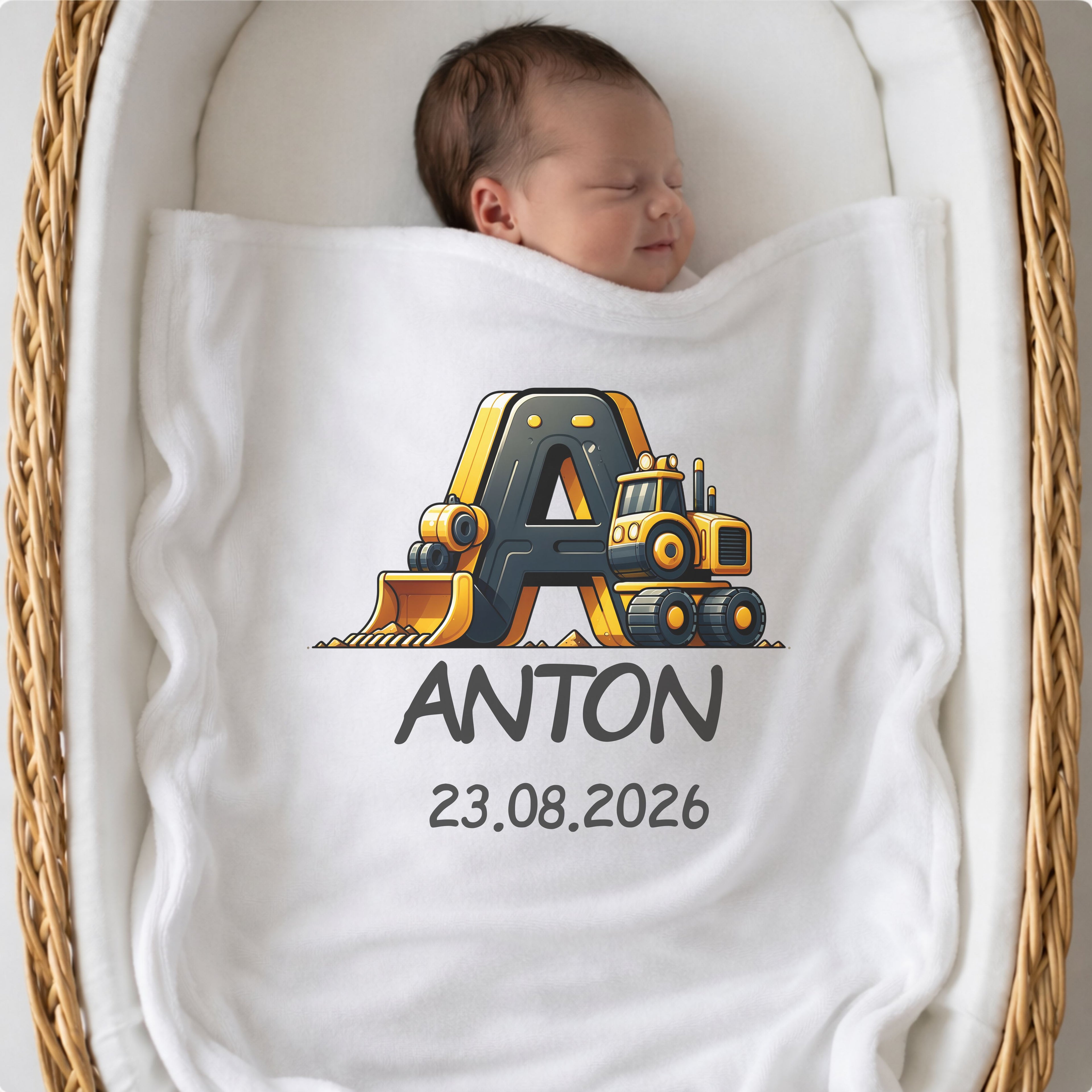 Babydecke mit Namen und optionalem Datum im Baustelle Look als weiche Kuscheldecke fuer Kinderwagen